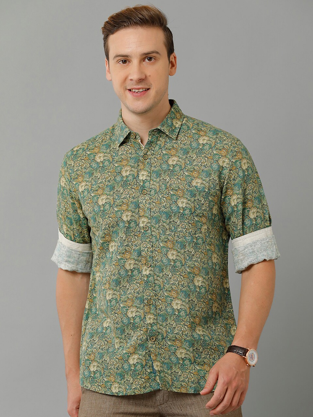 

Linen Club Floral Printed Pure Linen Casual Shirt, Green