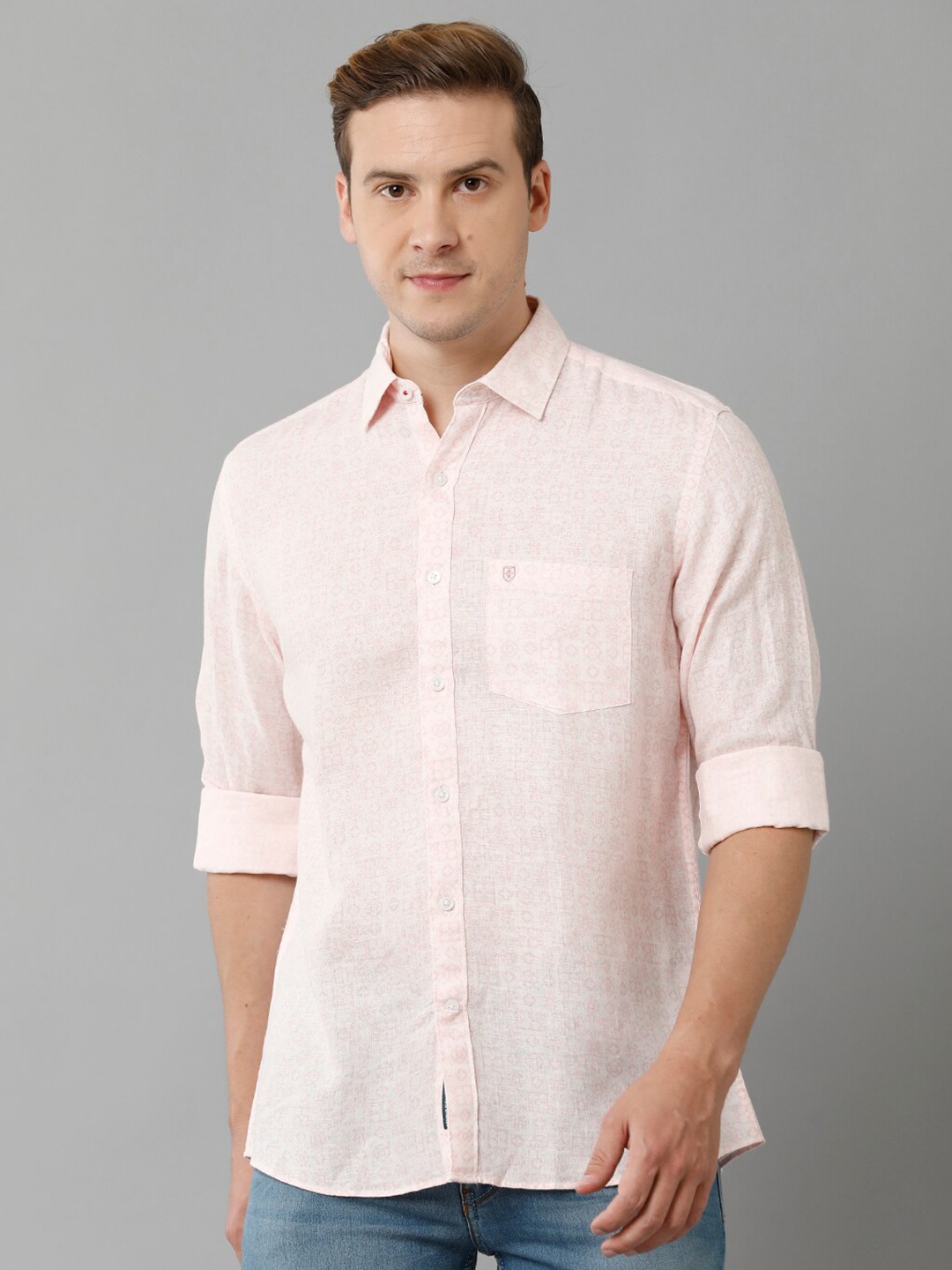 

Linen Club Micro Ditsy Printed Pure Linen Casual Shirt, Pink