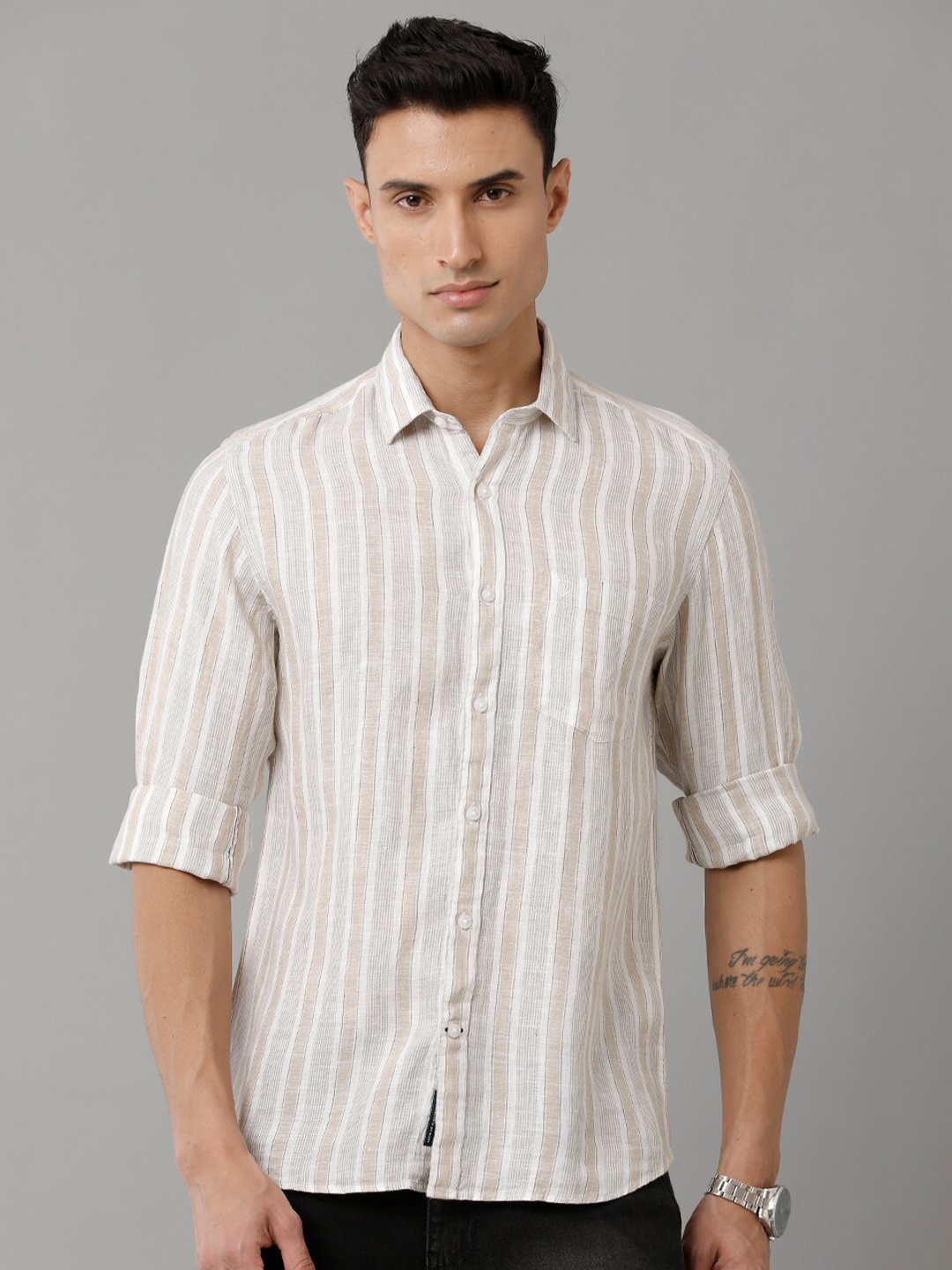 

Linen Club Vertical Striped Pure Linen Casual Shirt, Beige