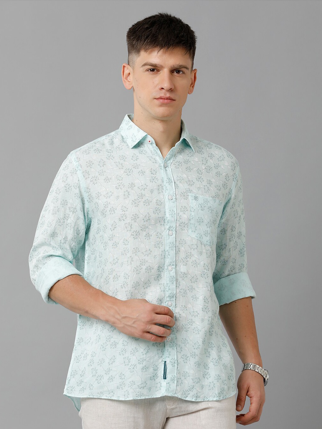

Linen Club Floral Printed Spread Collar Linen Casual Shirt, Green