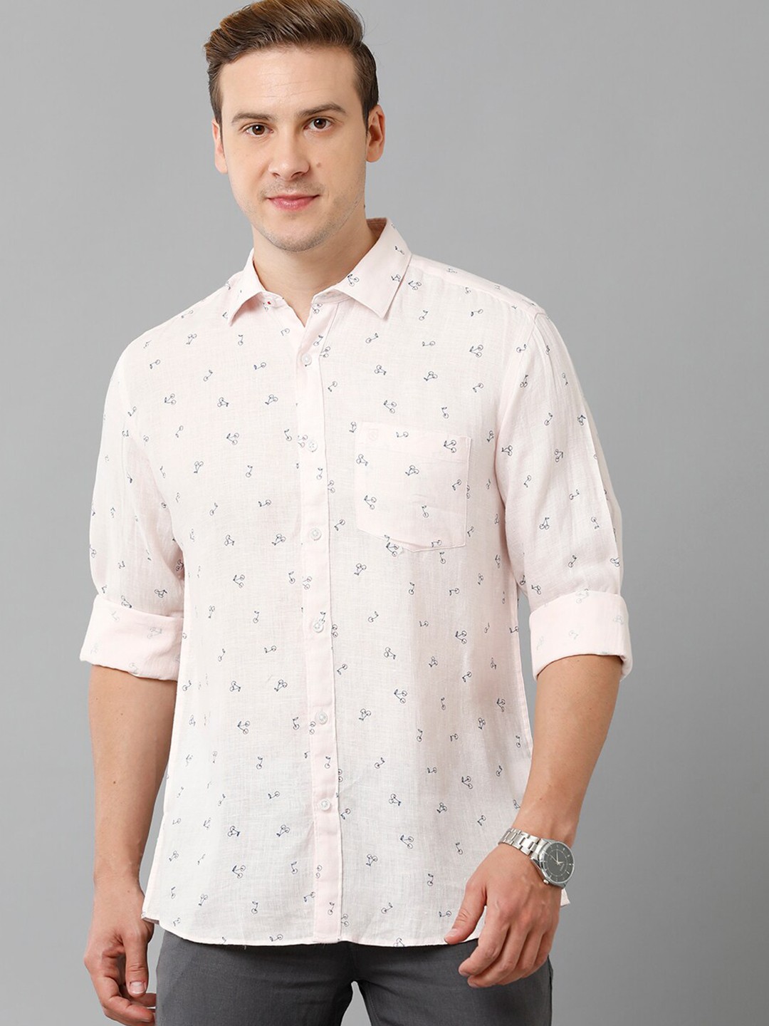 

Linen Club Conversational Printed Spread Collar Pure Linen Casual Shirt, Pink