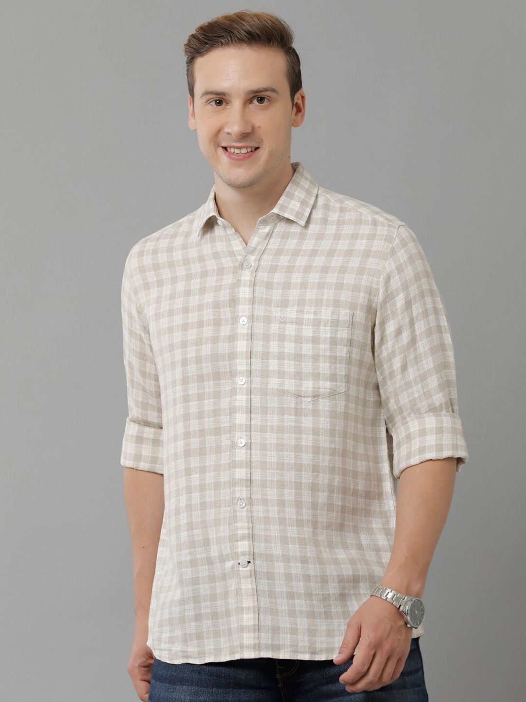

Linen Club Windowpane Checks Linen Casual Shirt, Beige