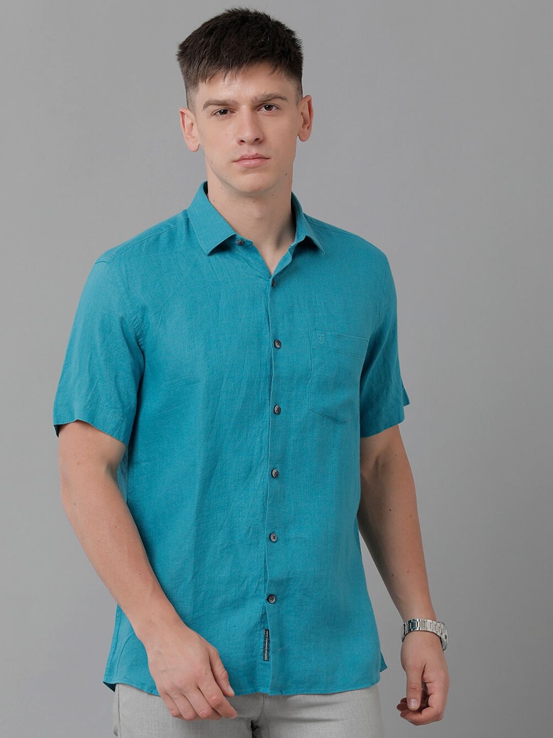 

Linen Club Spread Collar Short Sleeves Linen Casual Shirt, Turquoise blue