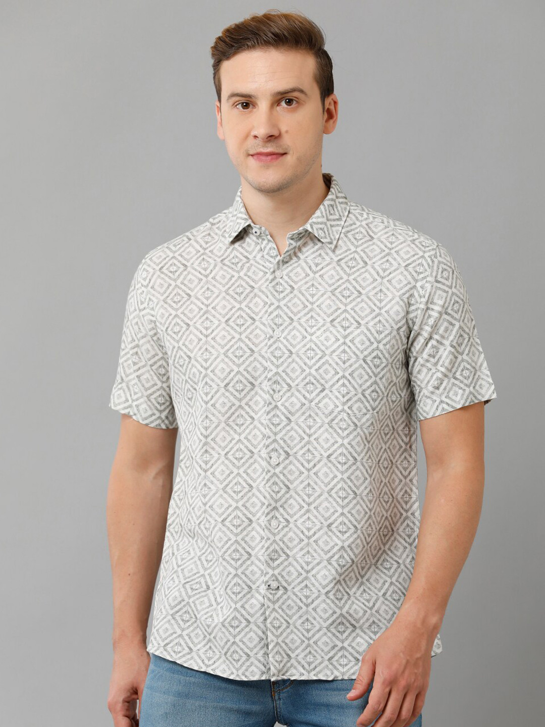 

Linen Club Geometric Printed Short Sleeve Pure Linen Casual Shirt, Grey