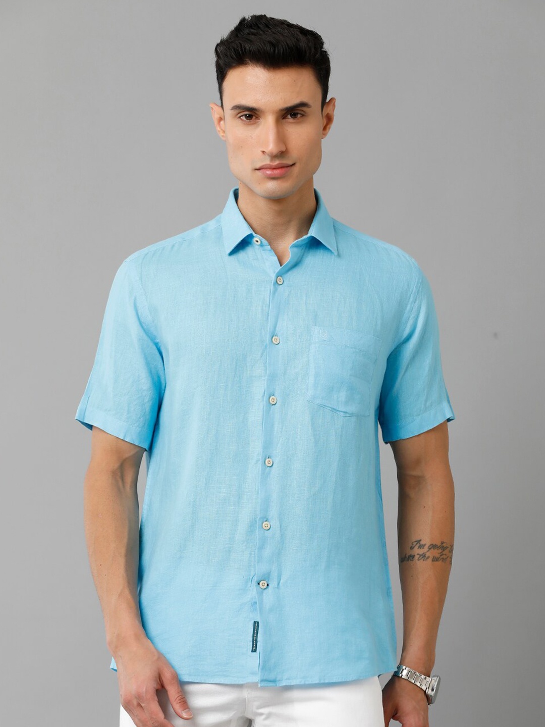 

Linen Club Spread Collar Pure Linen Casual Shirt, Blue