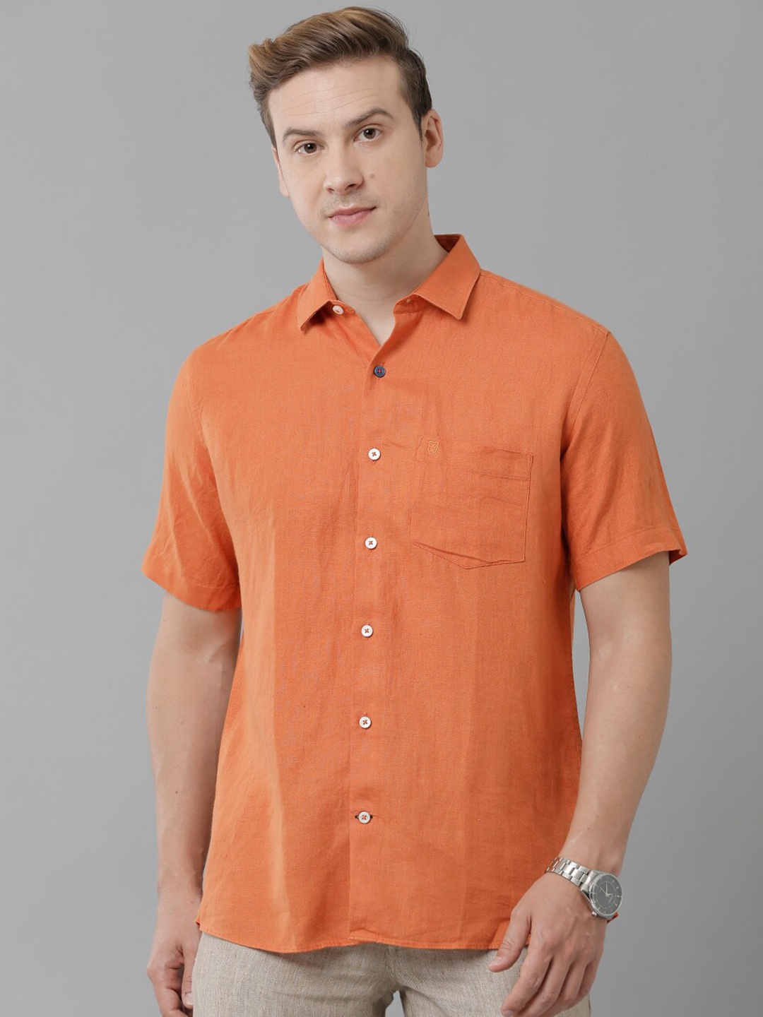 

Linen Club Spread Collar Pure Linen Casual Shirt, Orange