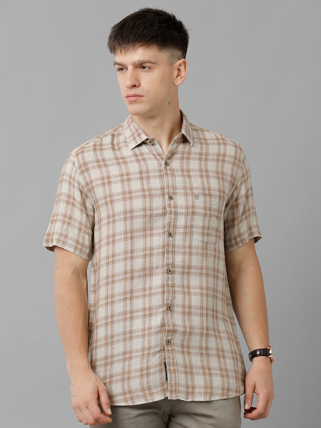 

Linen Club Tartan Checked Pure Linen Casual Shirt, Brown