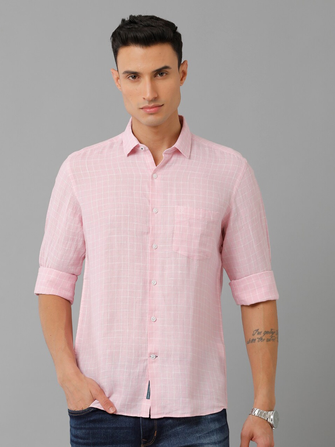 

Linen Club Windowpane Checked Pure Linen Casual Shirt, Pink