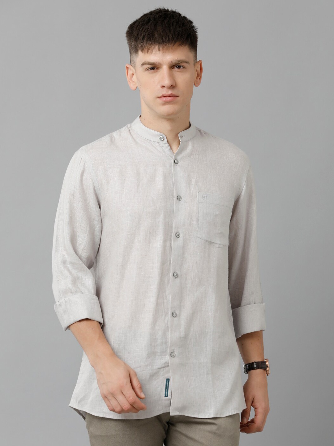 

Linen Club Mandarin Collar Pure Linen Casual Shirt, Grey