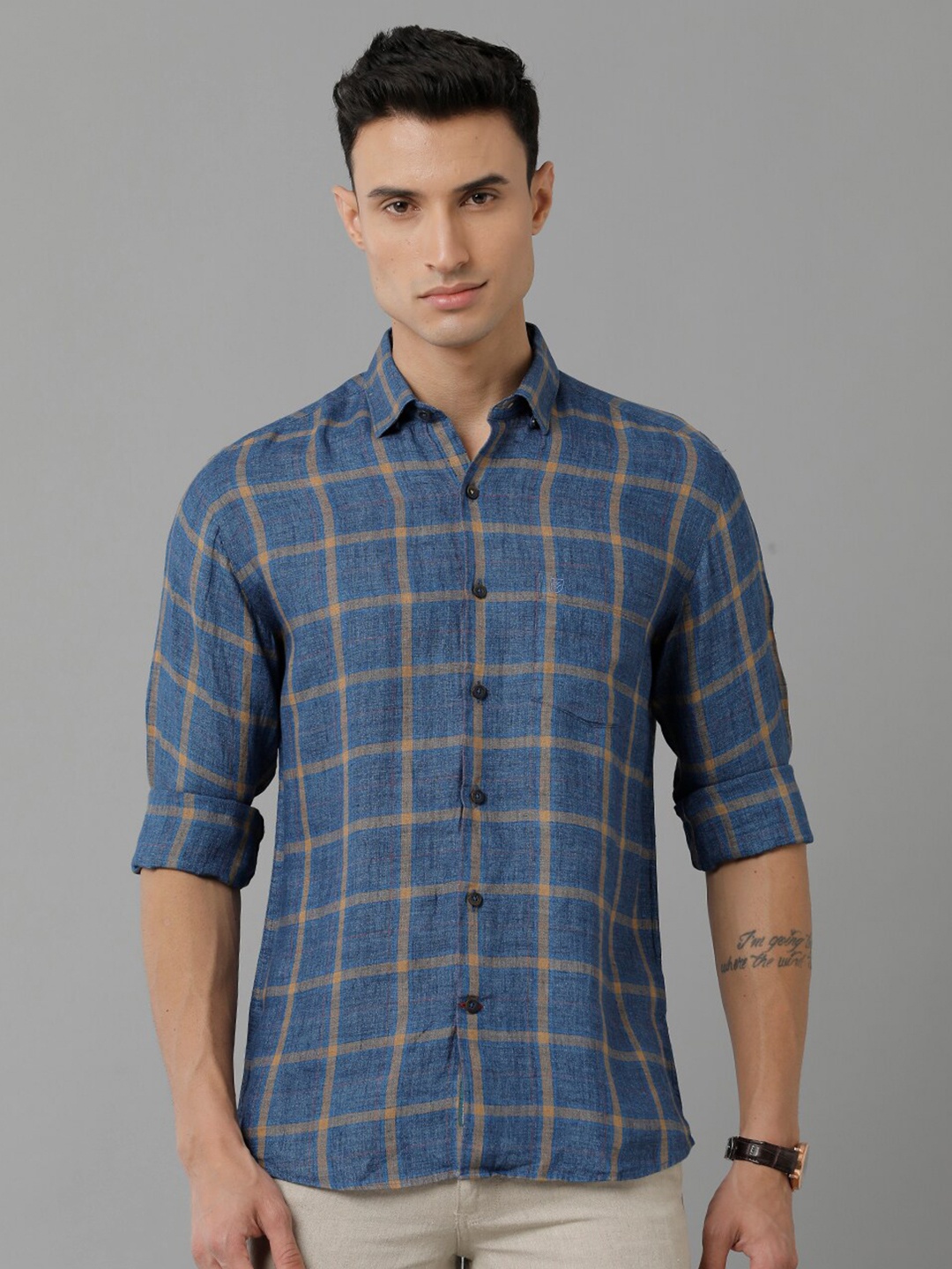 

Linen Club Checked Spread Collar Pure Linen Casual Shirt, Blue