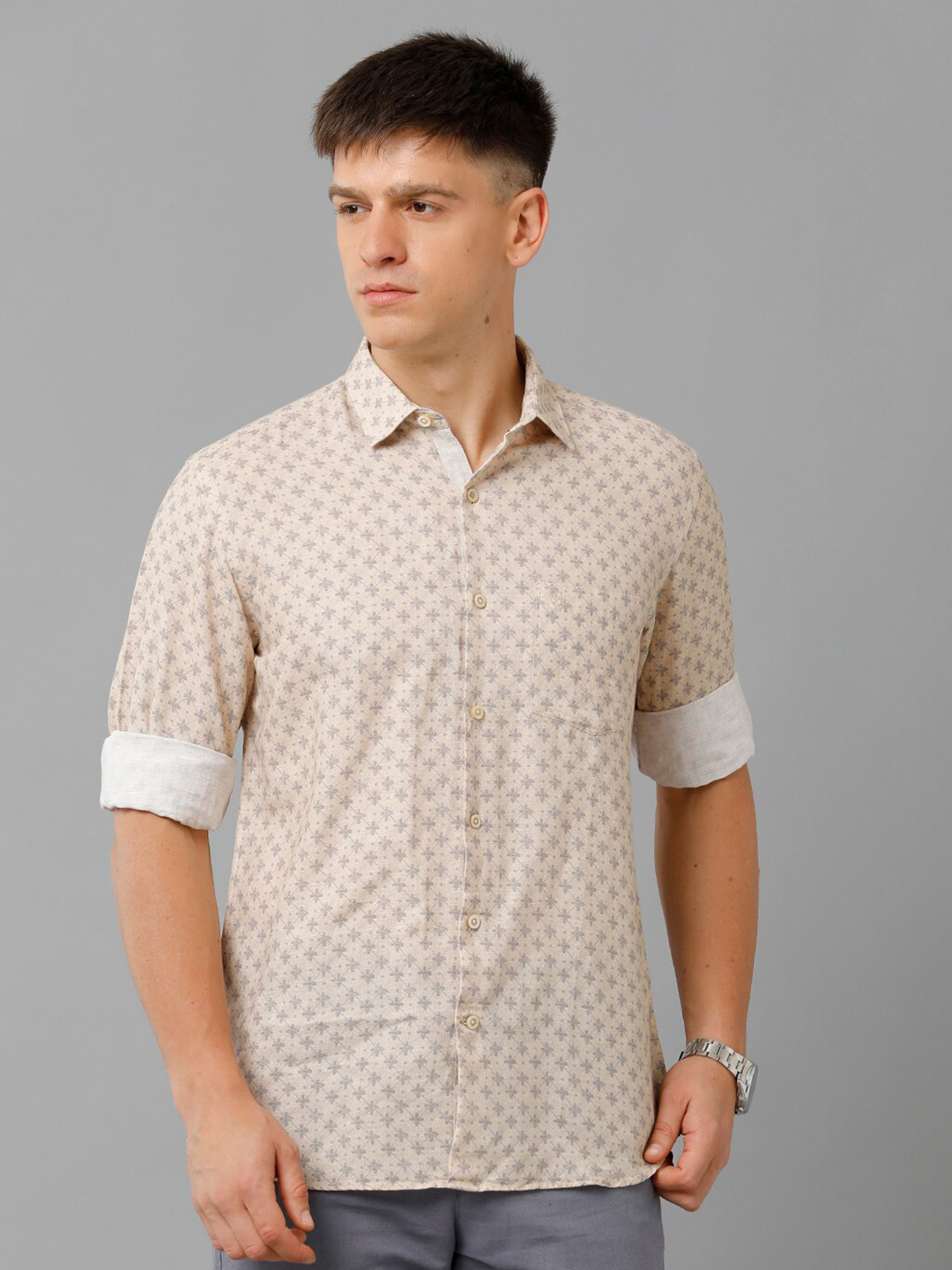 

Linen Club Floral Printed Opaque Casual Pure Linen Shirt, Beige