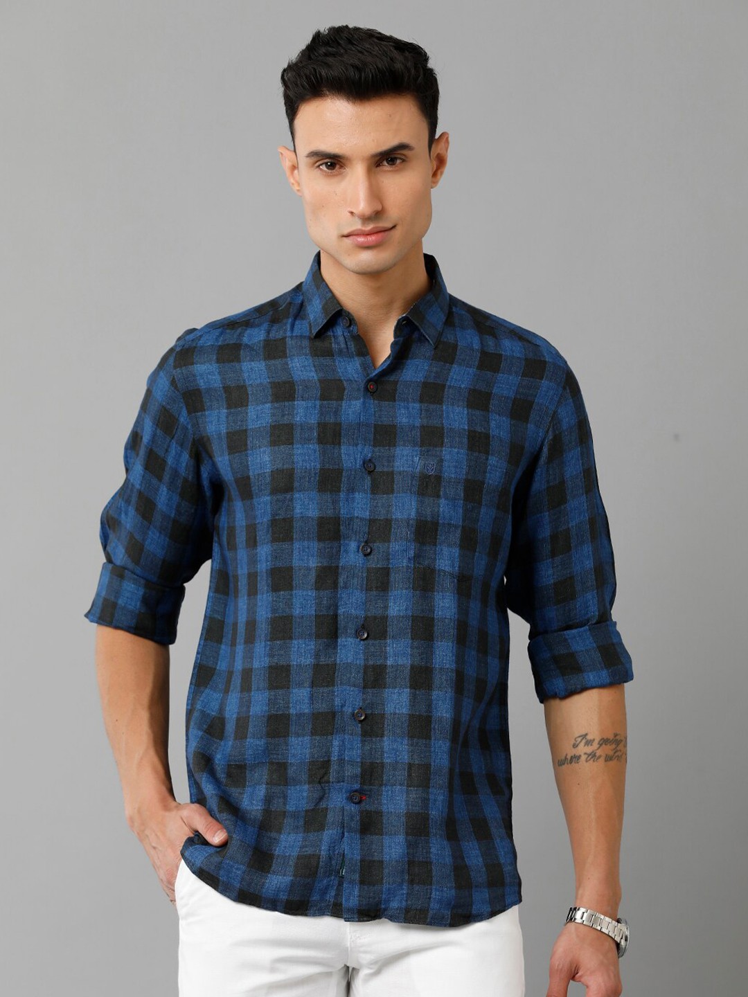 

Linen Club Buffalo Checked Pure Linen Casual Shirt, Blue