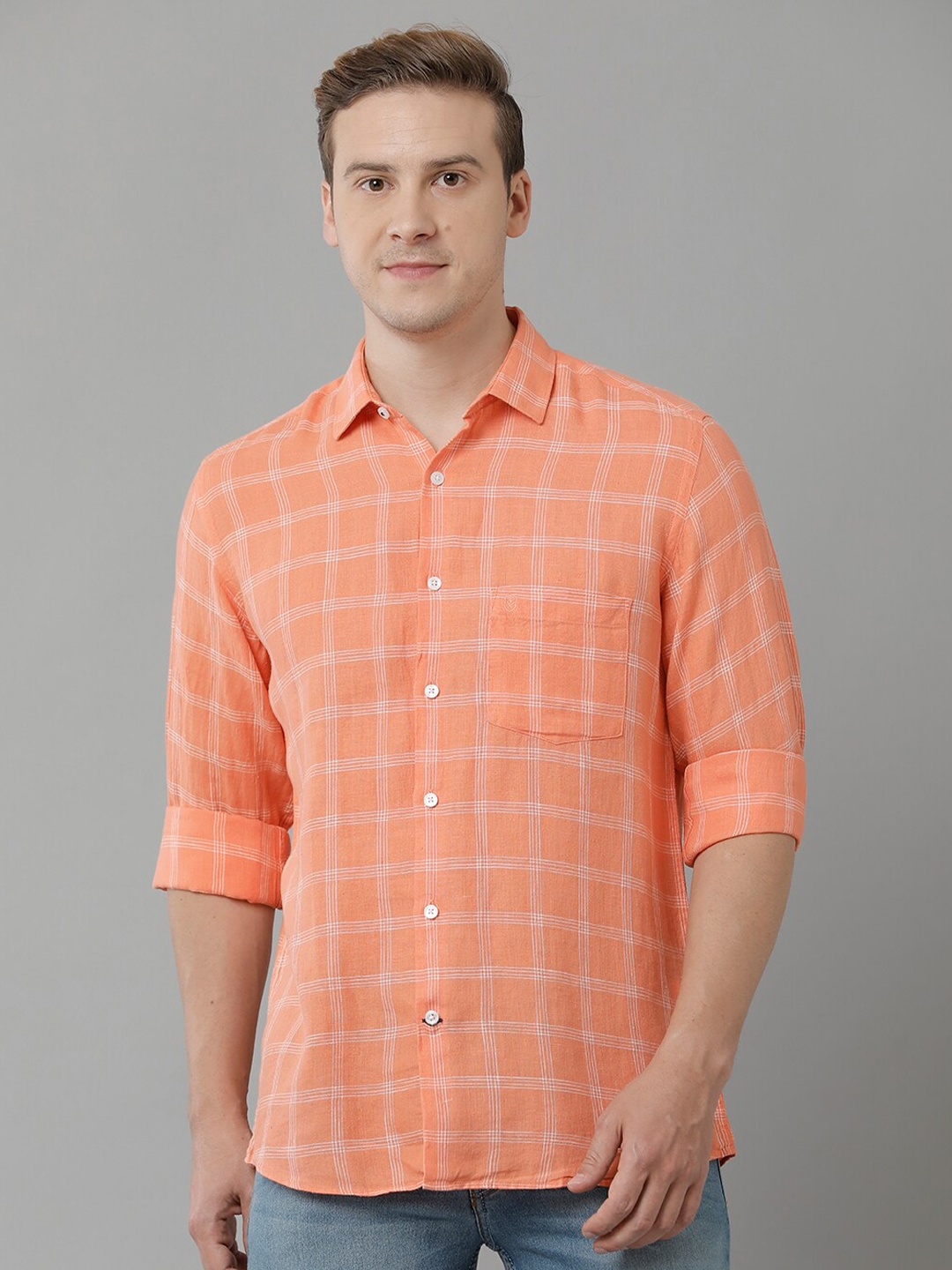

Linen Club Tartan Checked Pure Linen Casual Shirt, Peach