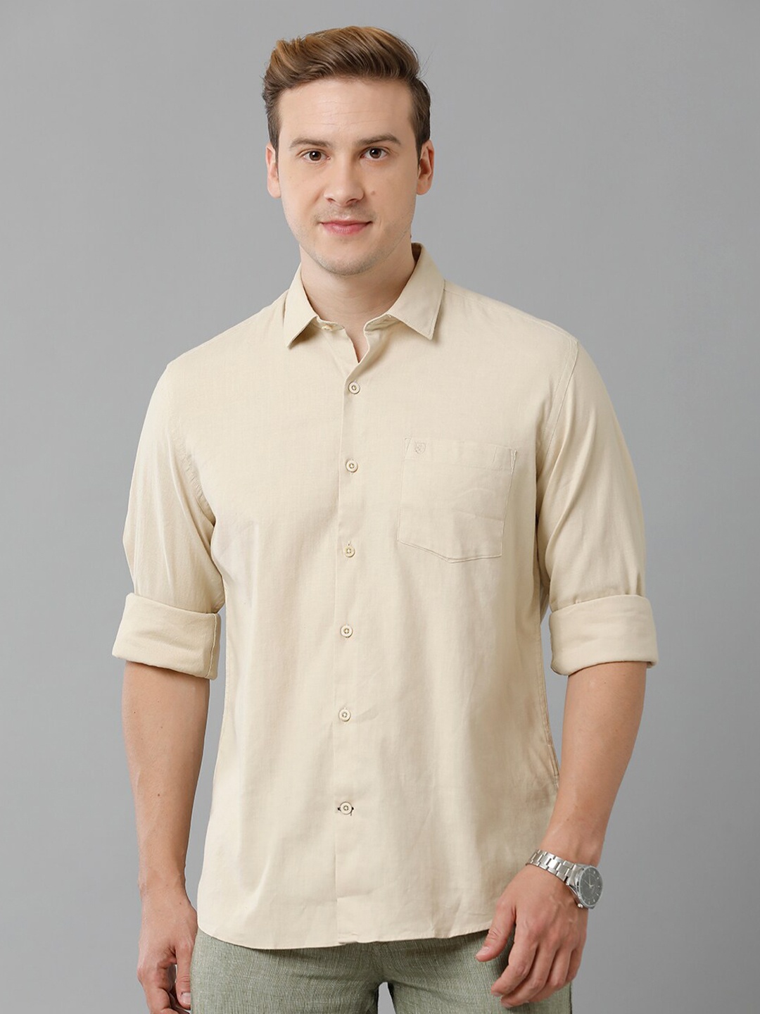 

Linen Club Spread Collar Pure Linen Casual Shirt, Beige