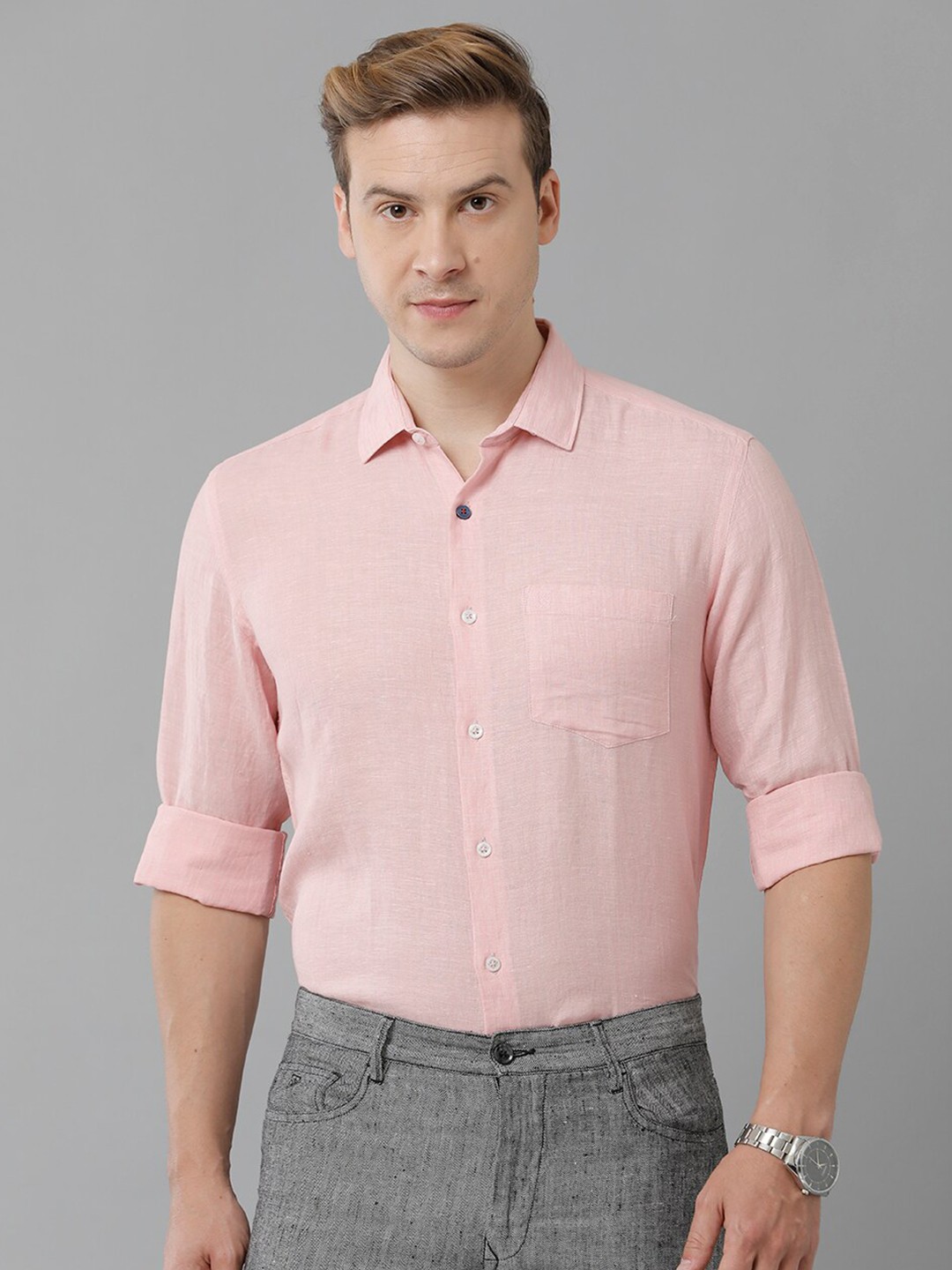 

Linen Club Spread Collar Pure Linen Formal Shirt, Pink