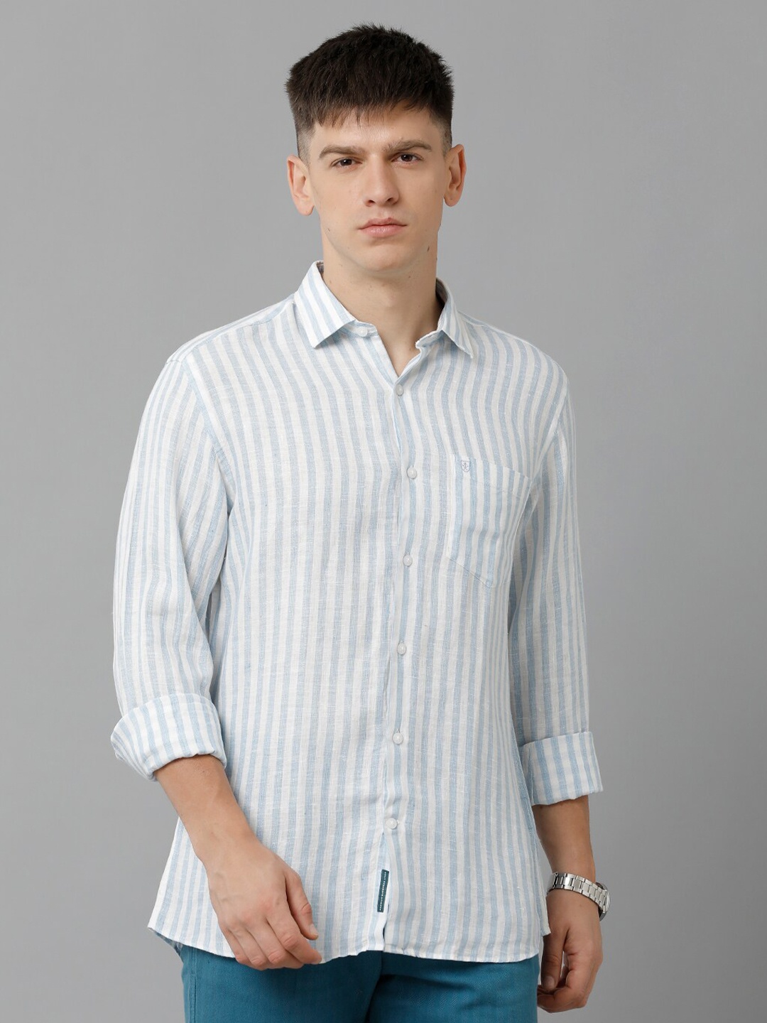 

Linen Club Striped Spread Collar Linen Casual Shirt, Blue