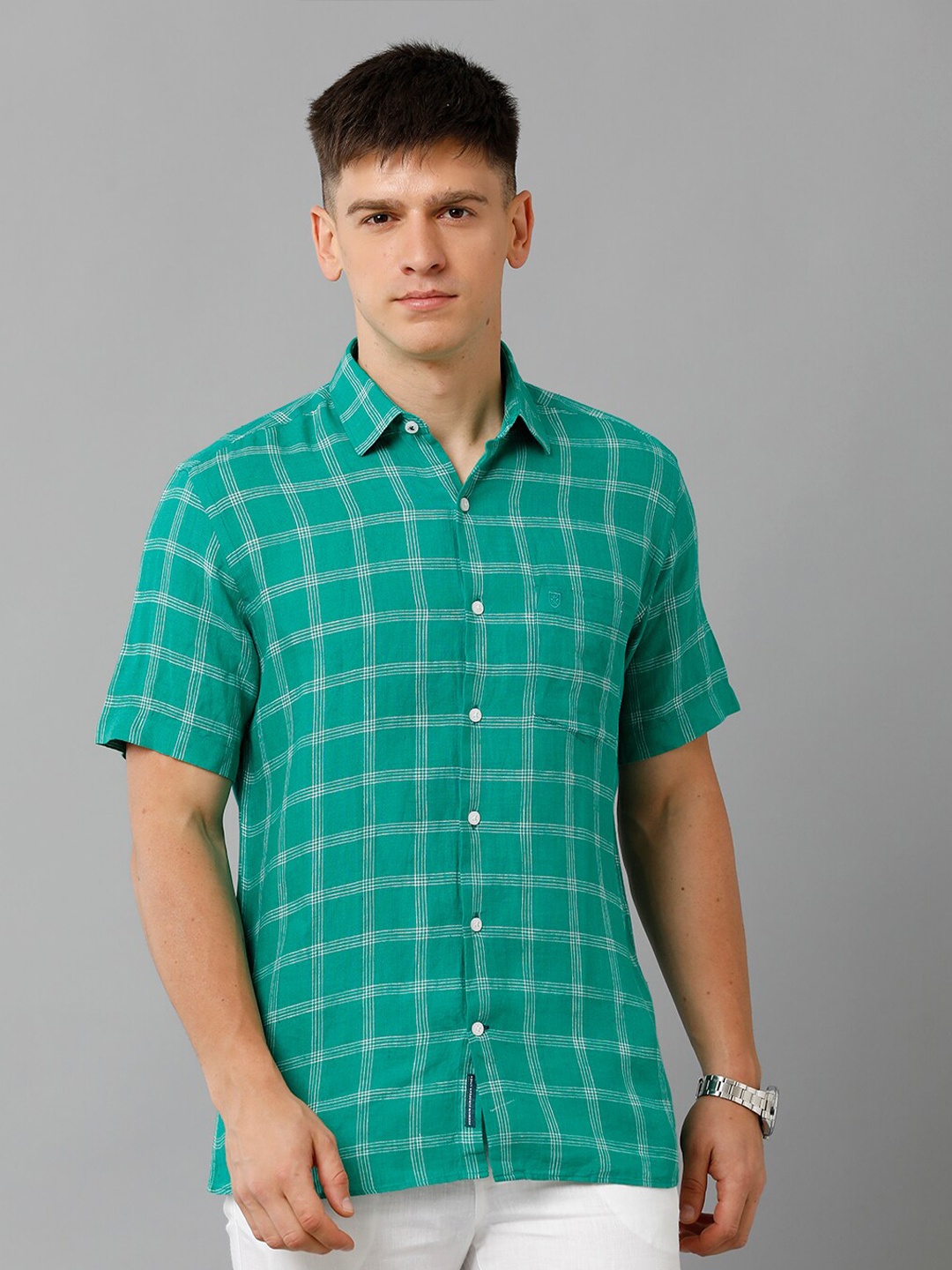 

Linen Club Checked Pure Linen Casual Shirt, Green