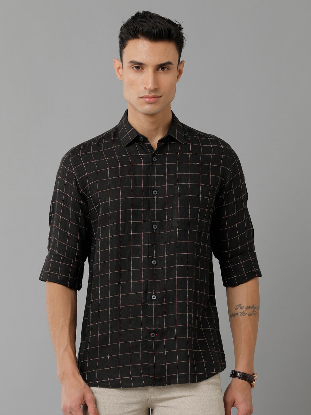 

Linen Club Grid Tattersall Checked Pure Linen Casual Shirt, Black