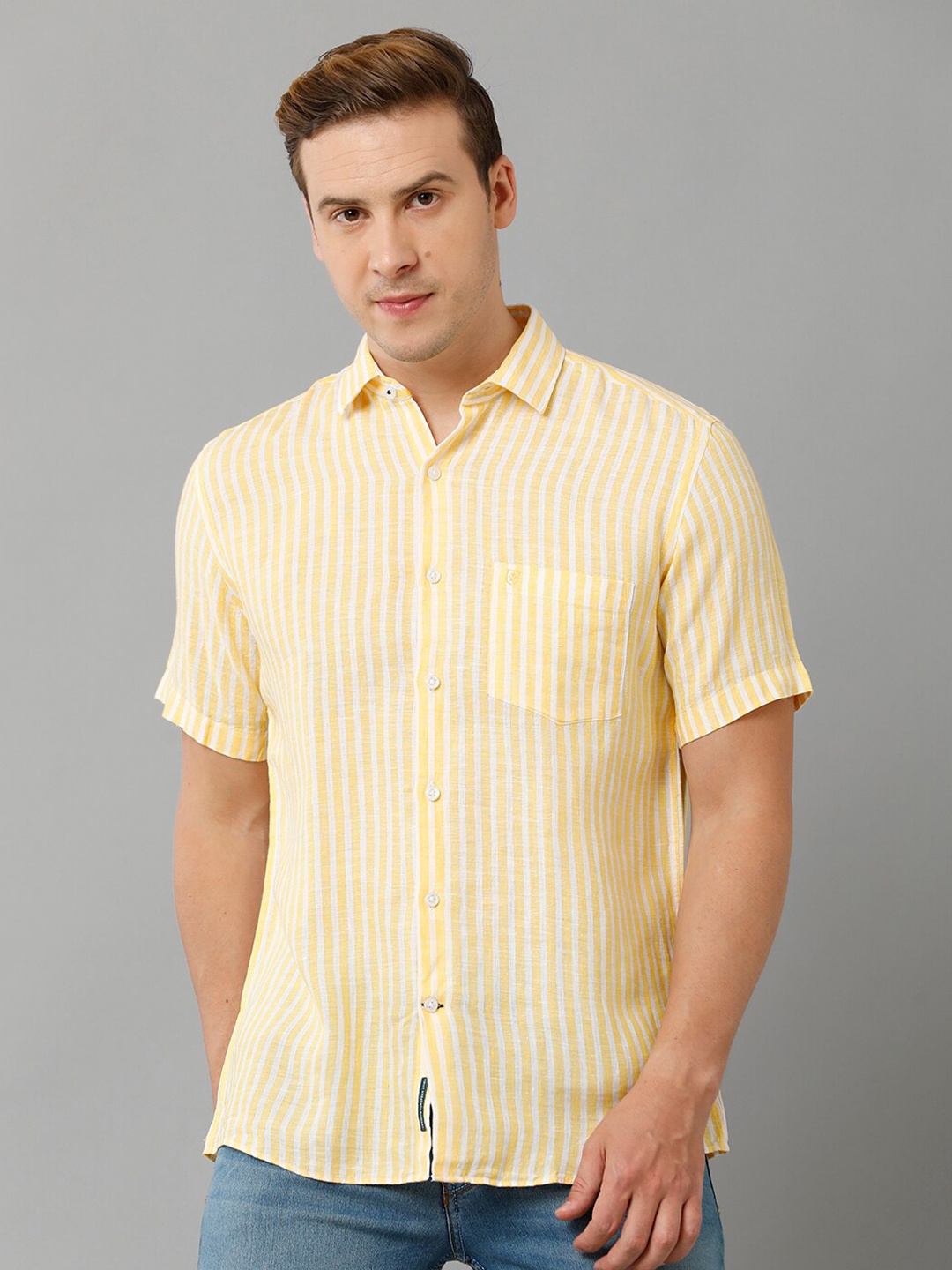 

Linen Club Men Striped Comfort Linen Casual Shirt, Yellow