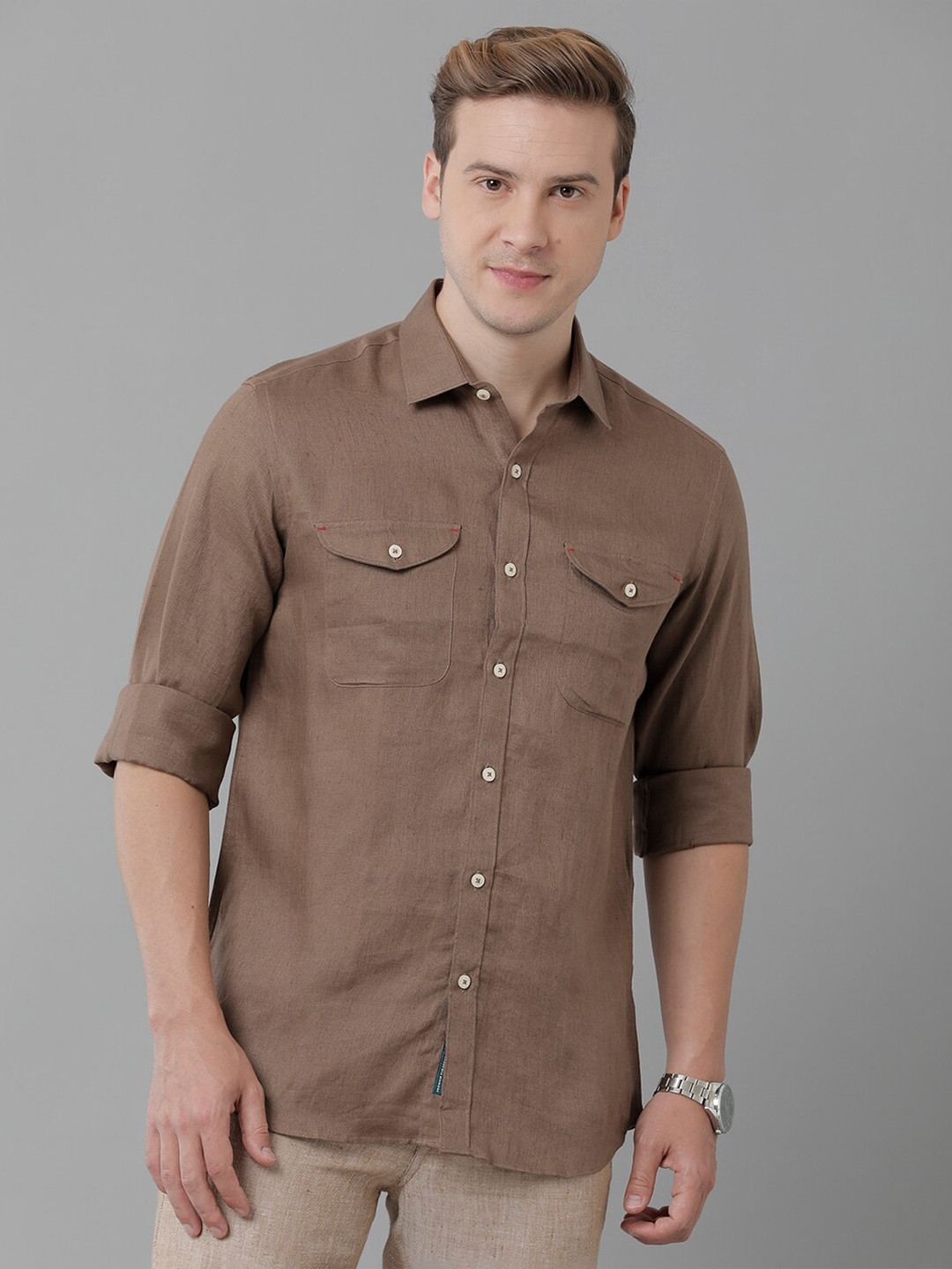 

Linen Club Spread Collar Pure Linen Casual Shirt, Brown