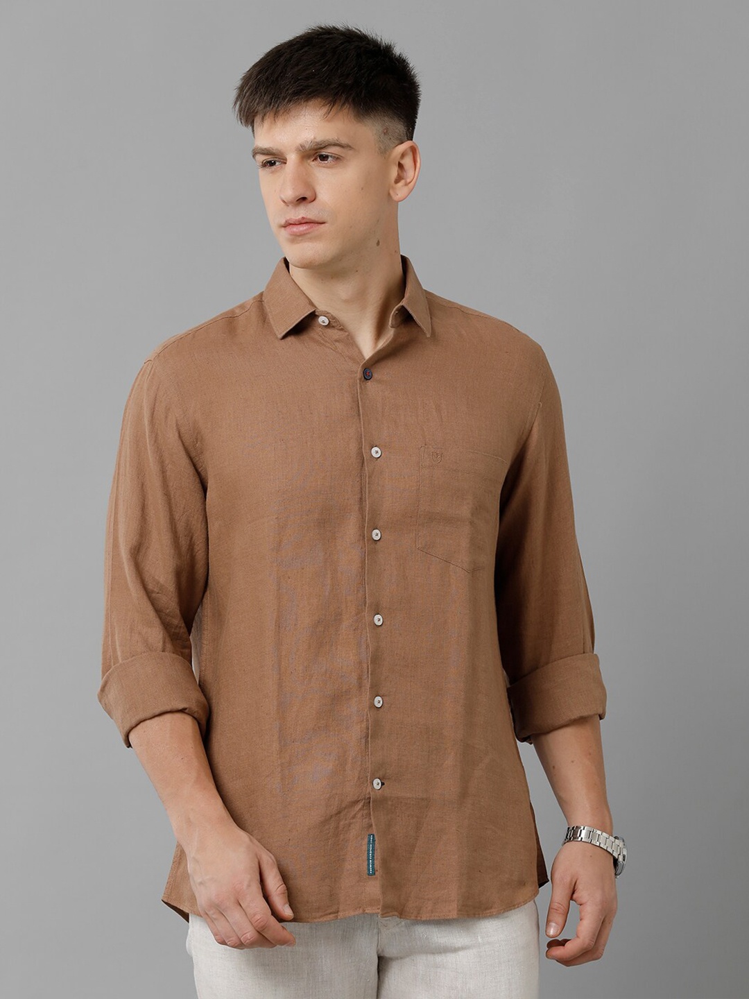 

Linen Club Spread Collar Pure Linen Casual Shirt, Brown