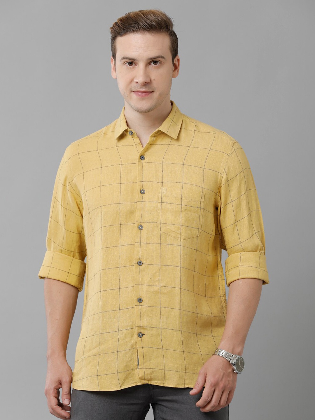 

Linen Club Windowpane Checked Pure Linen Casual Shirt, Yellow