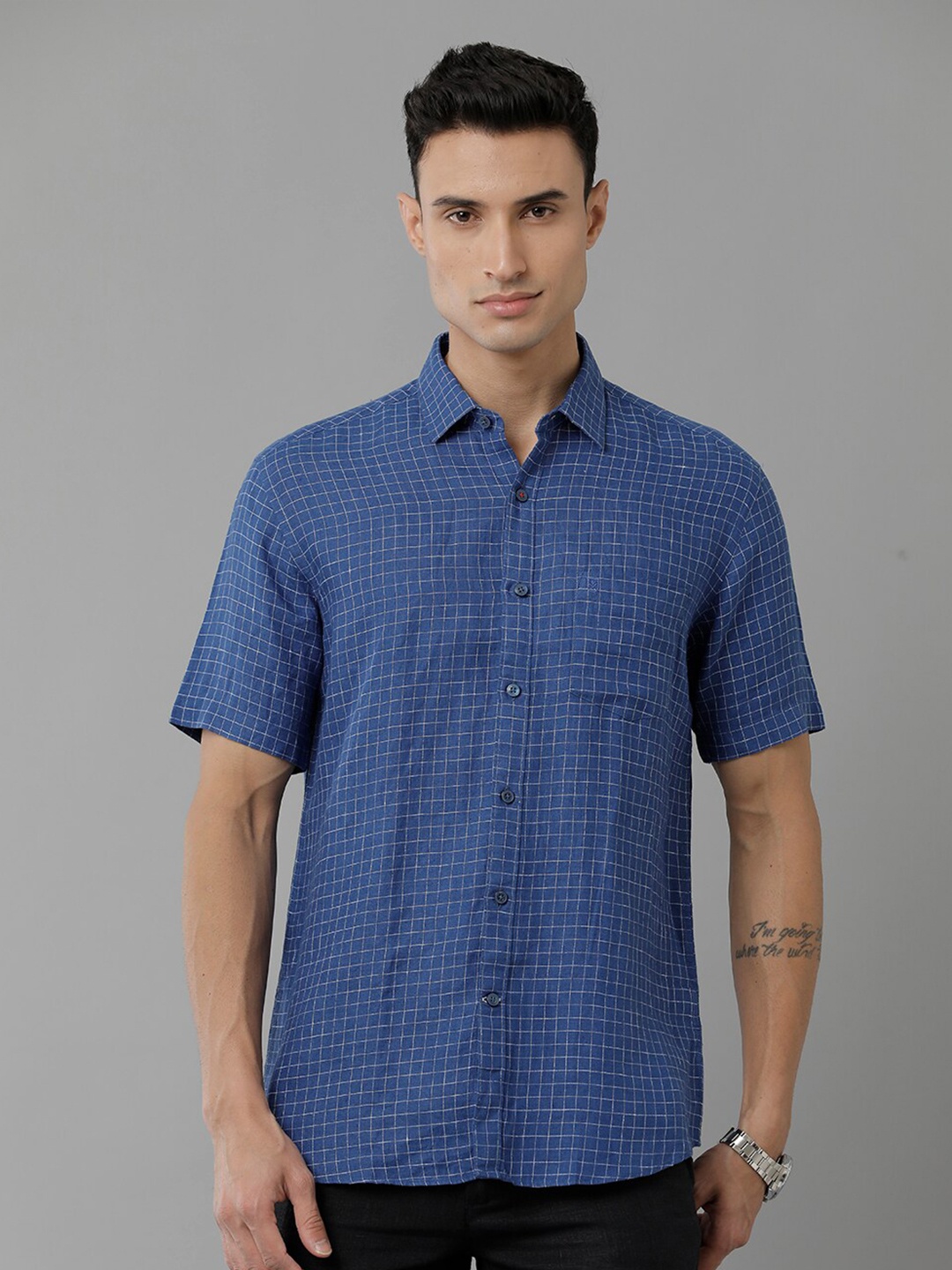 

Linen Club Blue Grid Tattersall Checked Pure Linen Casual Shirt