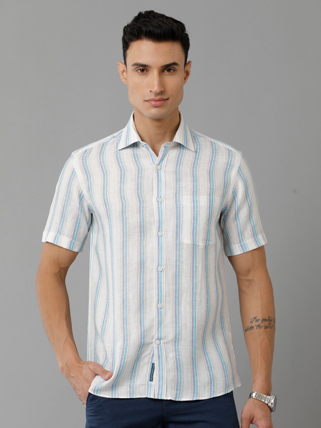 

Linen Club Striped Pure Linen Casual Shirt, Blue