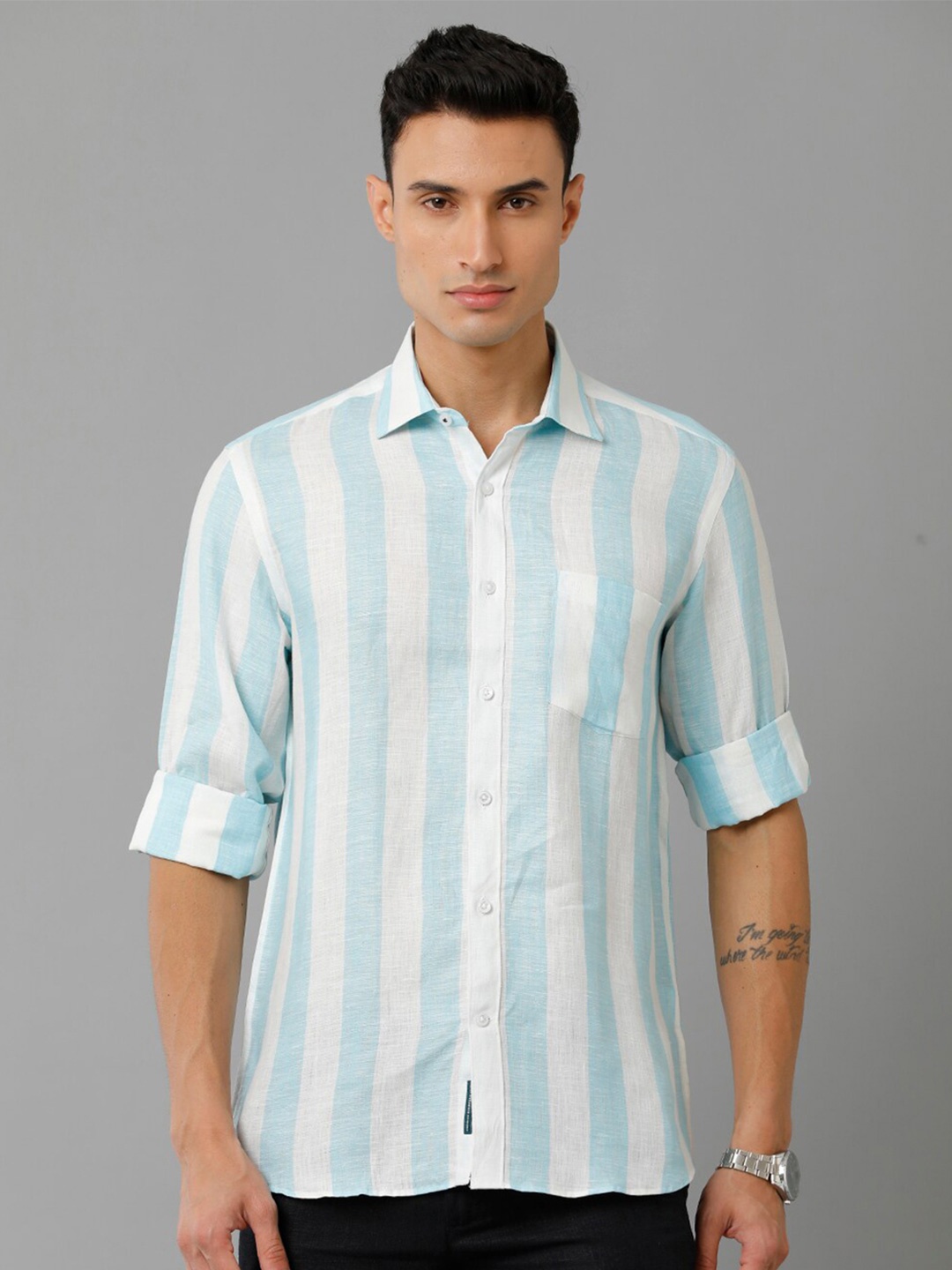 

Linen Club Striped Pure Linen Casual Shirt, Blue