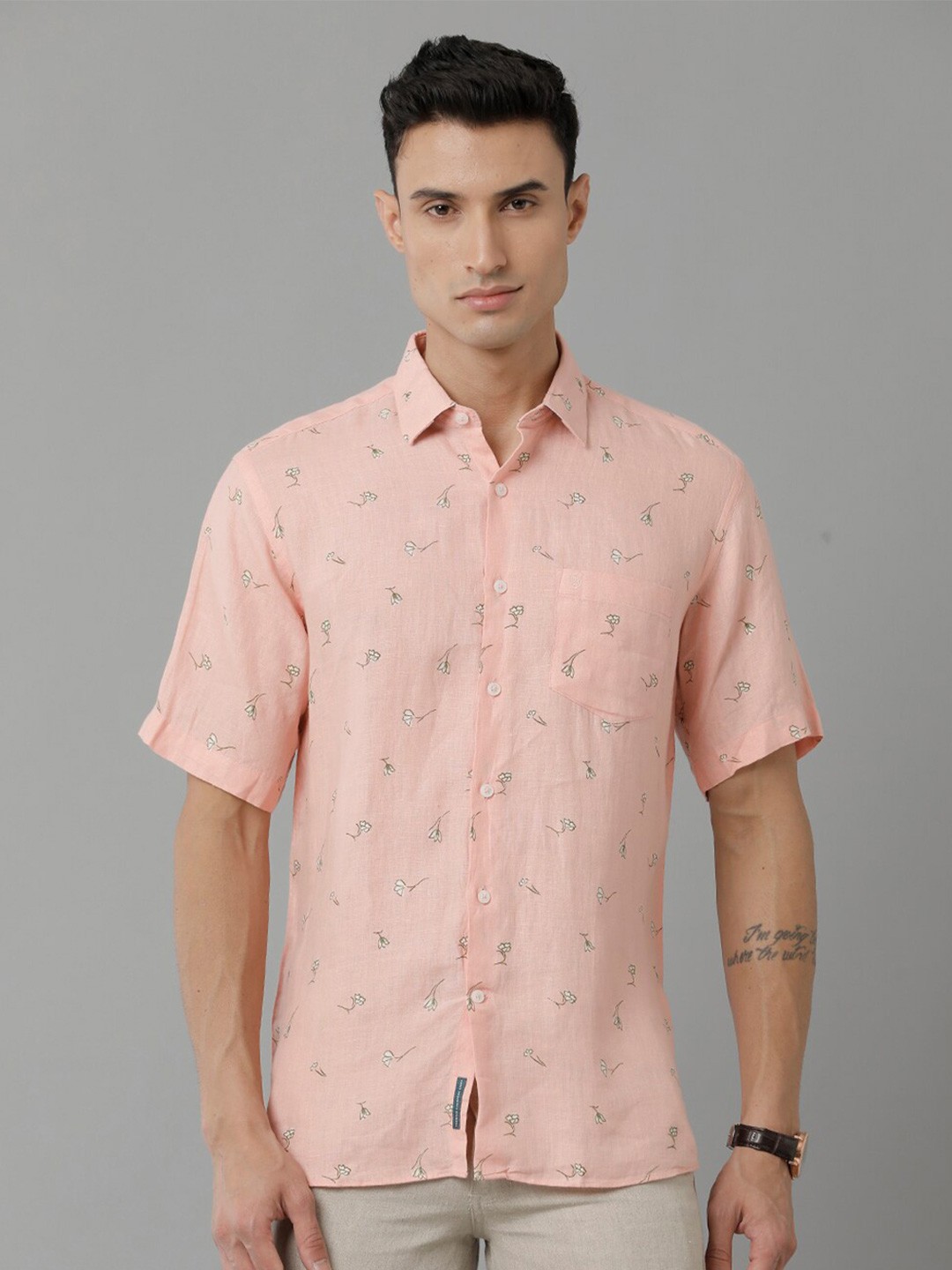 

Linen Club Conversational Printed Linen Casual Shirt, Peach