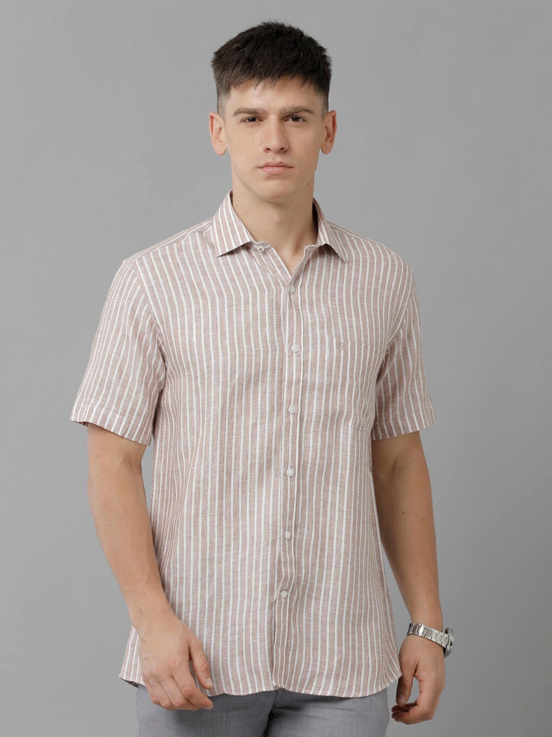 

Linen Club Striped Pure Linen Casual Shirt, Beige