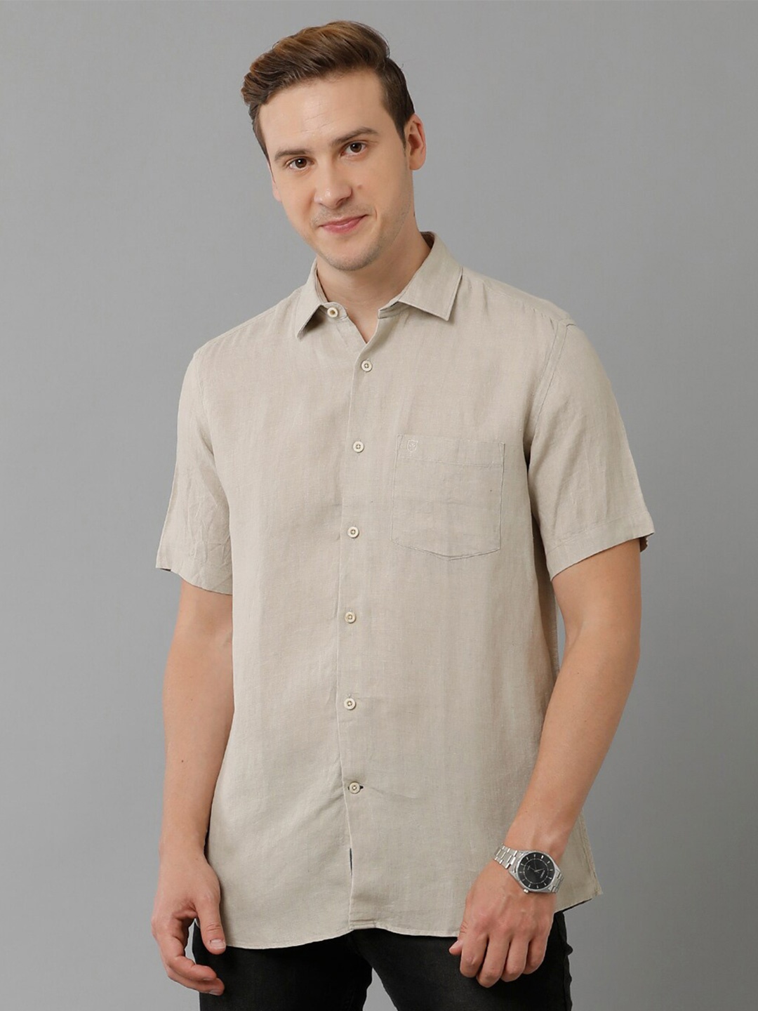 

Linen Club Spread Collar Pure Linen Casual Shirt, Beige