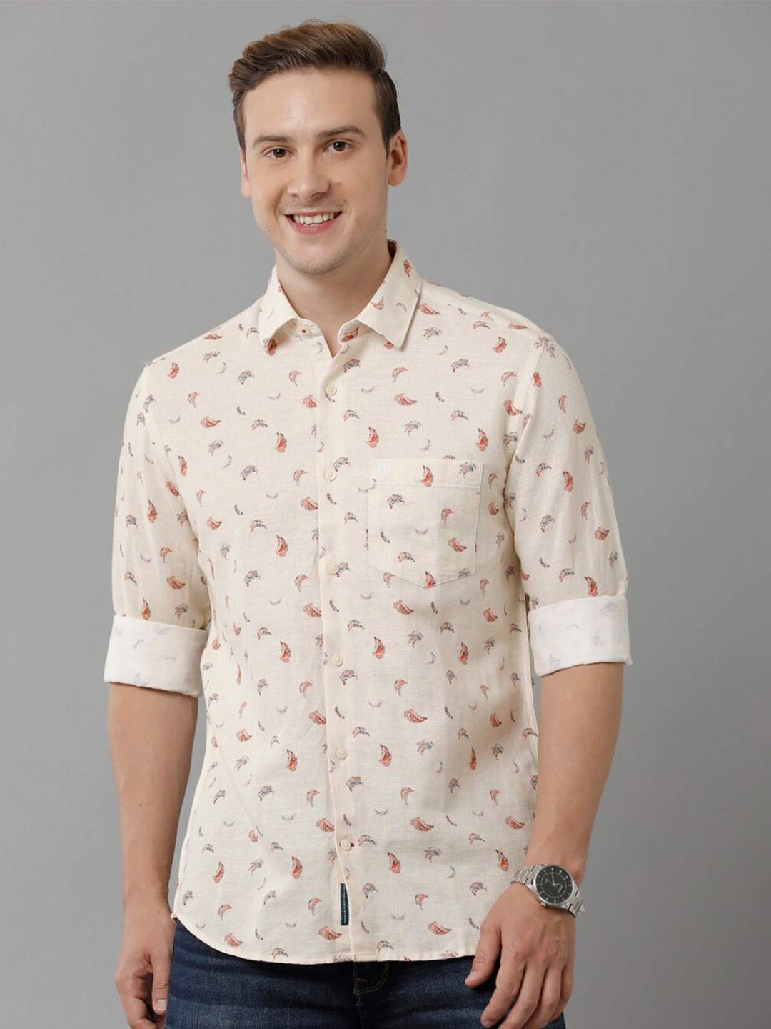 

Linen Club Conversational Printed Linen Casual Shirt, Beige