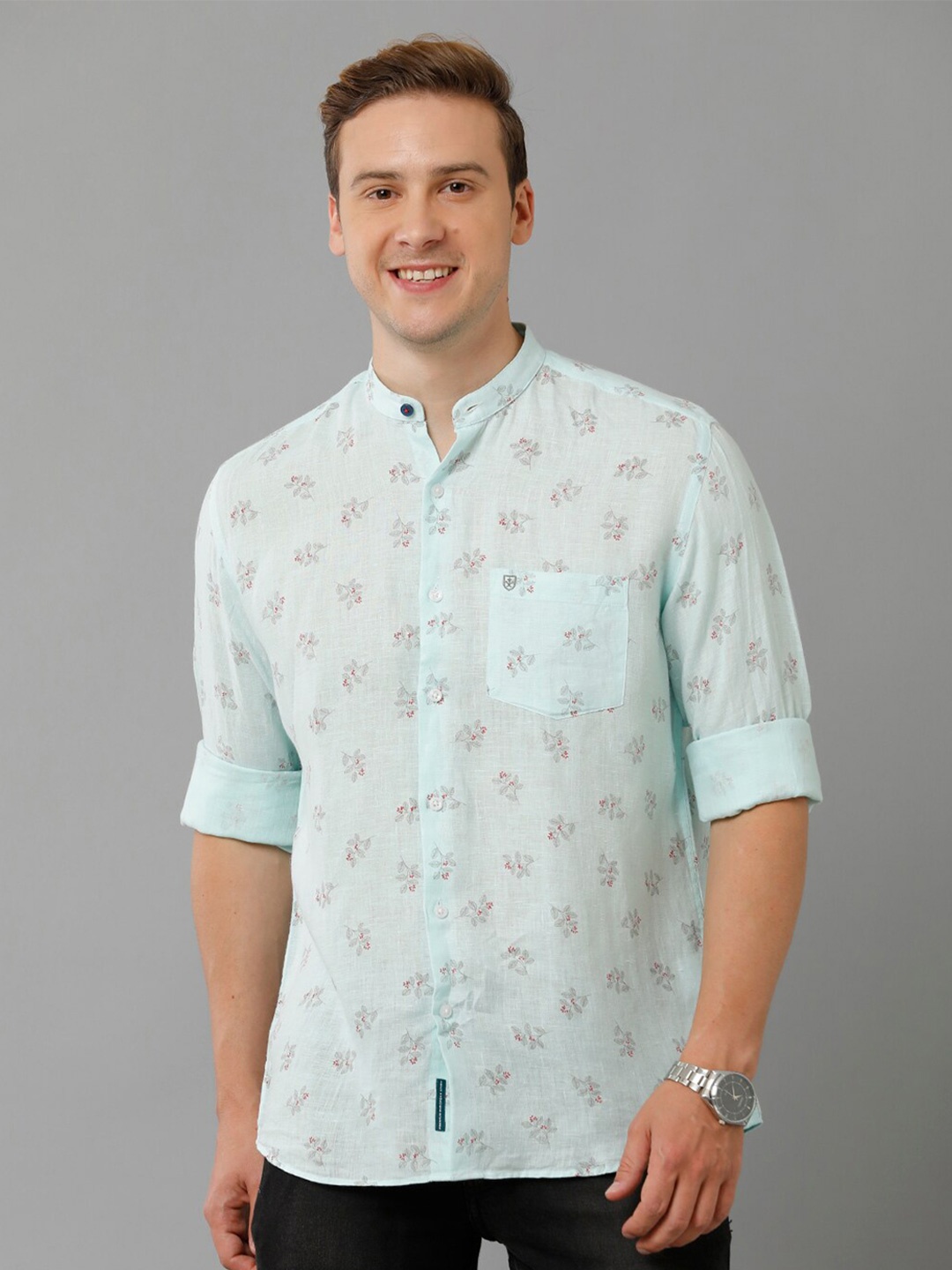 

Linen Club Floral Printed Mandarin Collar Pure Linen Casual Shirt, Turquoise blue