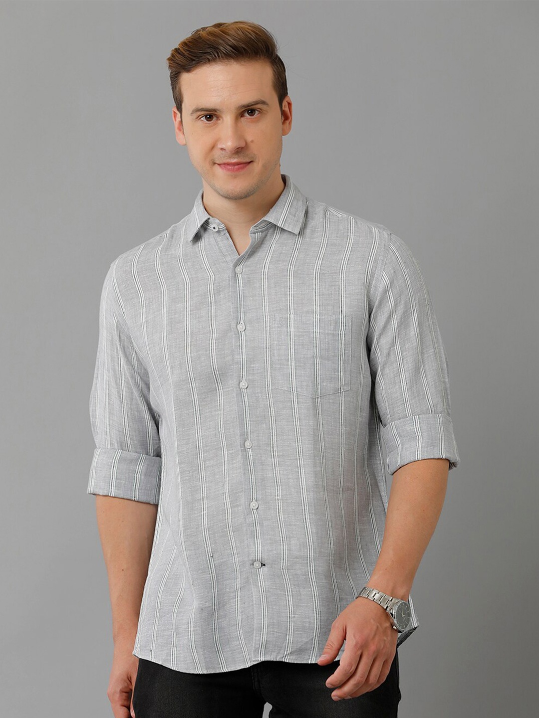 

Linen Club Striped Spread Collar Linen Casual Shirt, Grey