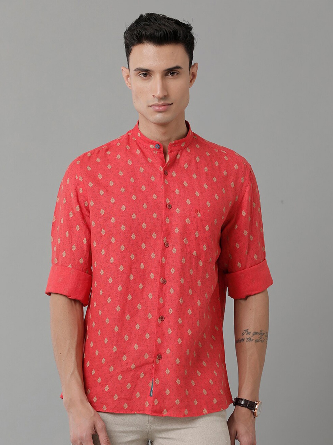 

Linen Club Ethnic Printed Mandarin Collar Pure Linen Casual Shirt, Red