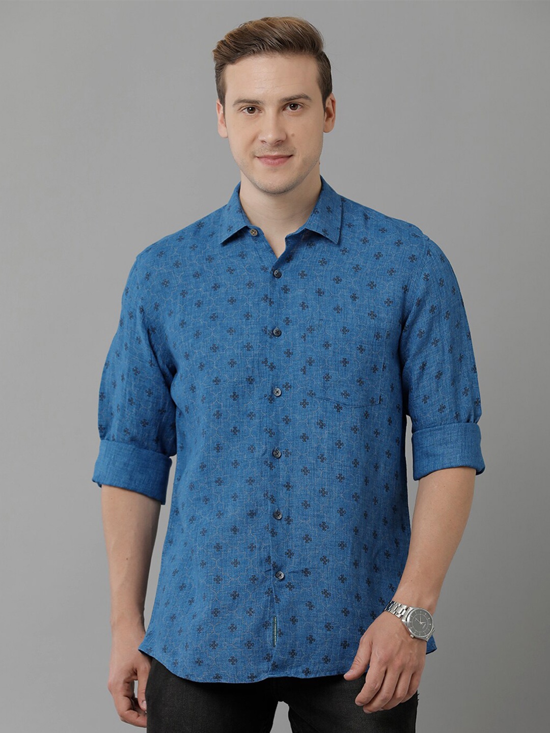 

Linen Club Men Floral Printed Spread Collar Pure Linen Casual Shirt, Blue