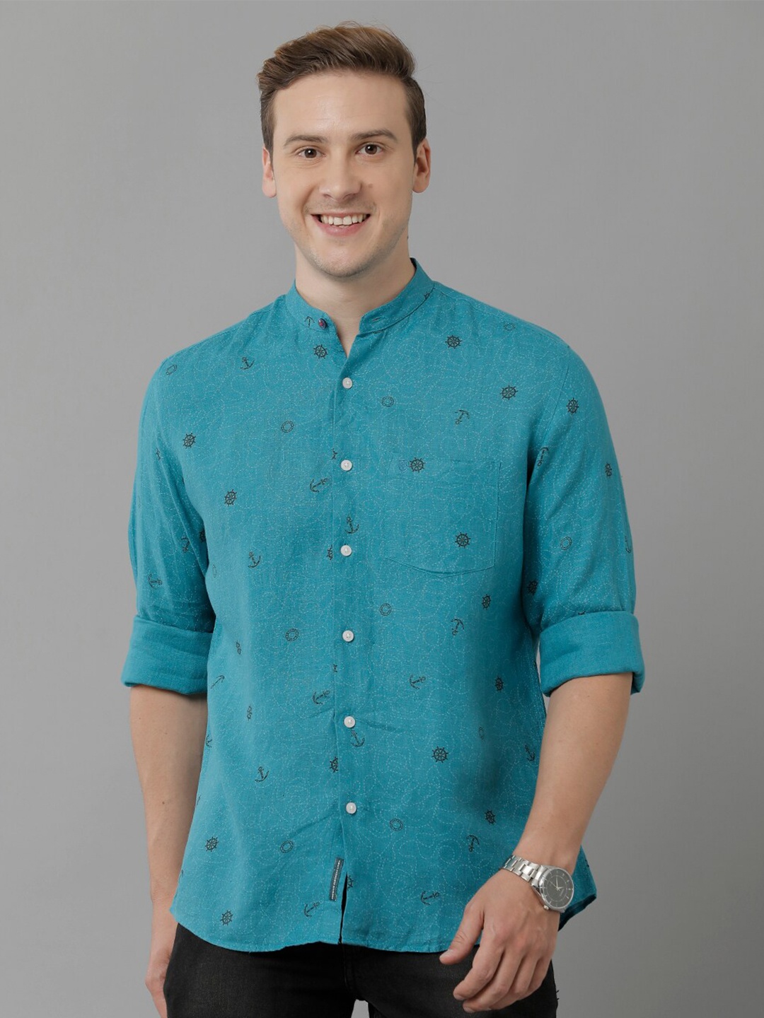 

Linen Club Conversational Printed Mandarin Collar Pure Linen Casual Shirt, Blue