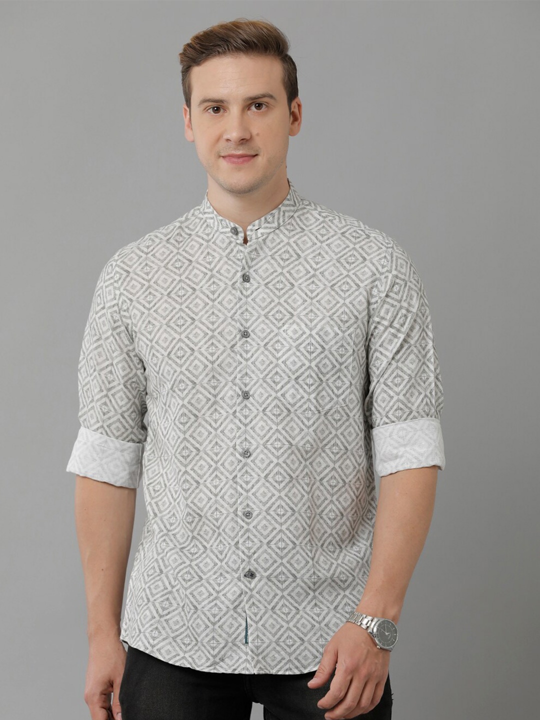 

Linen Club Geometric Printed Band Collar Opaque Casual Pure Linen Shirt, Grey