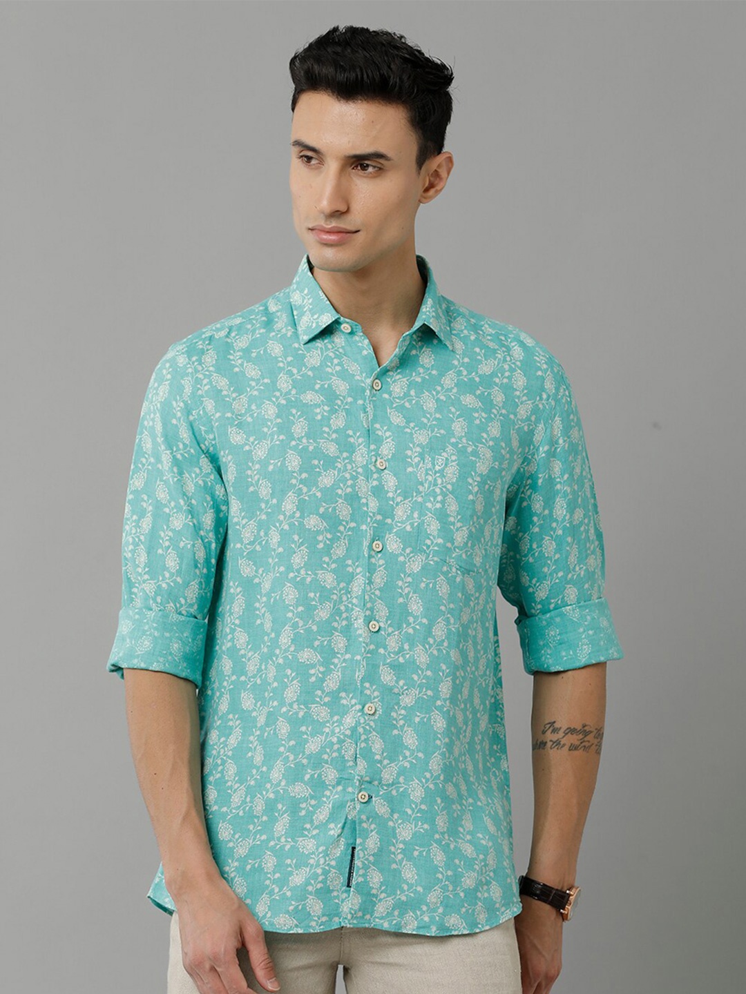 

Linen Club Floral Printed Pure Linen Casual Shirt, Green