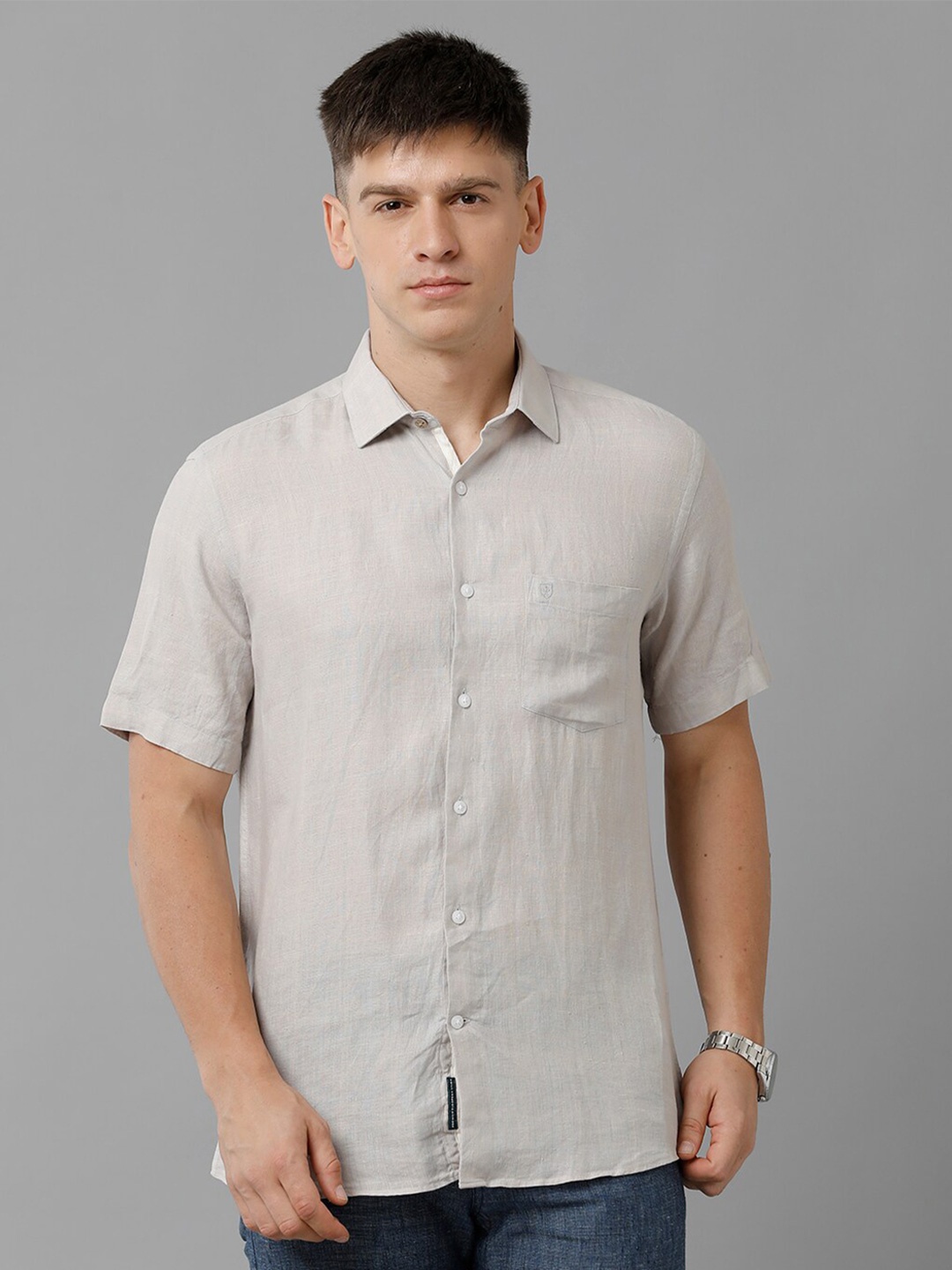 

Linen Club Spread Collar Pure Linen Casual Shirt, Grey