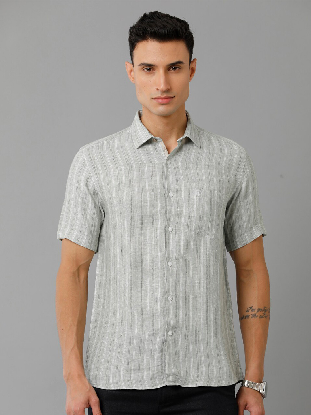 

Linen Club Striped Spread Collar Pure Linen Casual Shirt, Grey