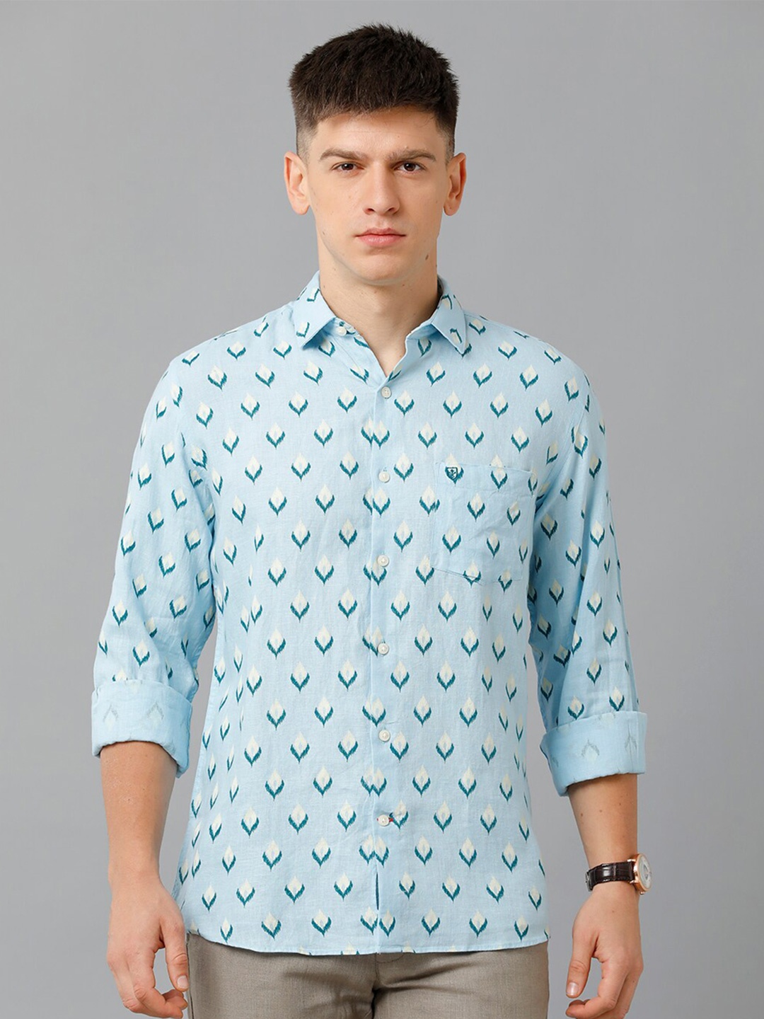 

Linen Club Conversational Printed Spread Collar Pure Linen Casual Shirt, Blue