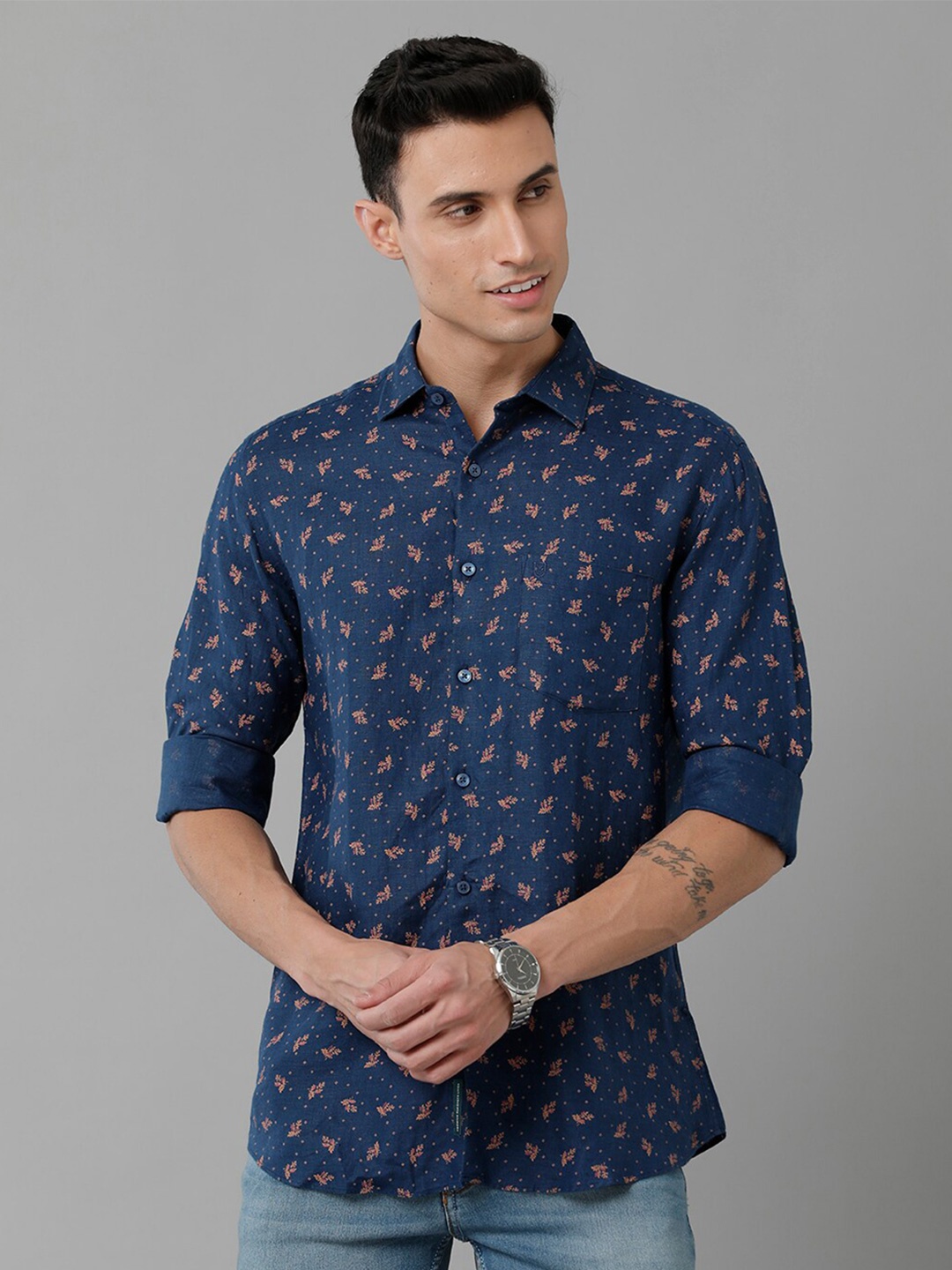 

Linen Club Floral Printed Pure Linen Casual Shirt, Blue