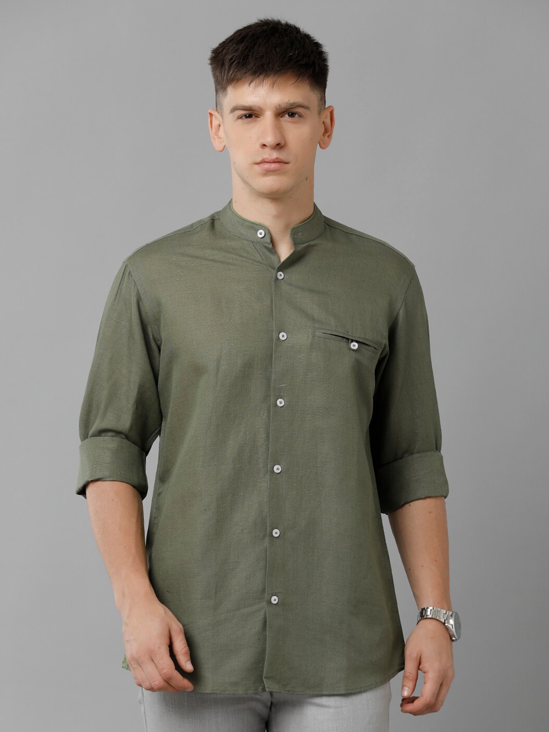 

Linen Club Mandarin Collar Pure Linen Casual Shirt, Green