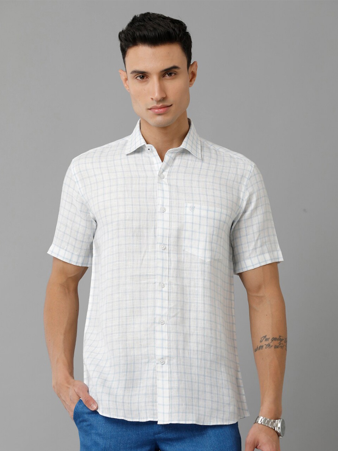 

Linen Club Grid Tattersall Checked Short Sleeve Pure Linen Casual Shirt, Blue