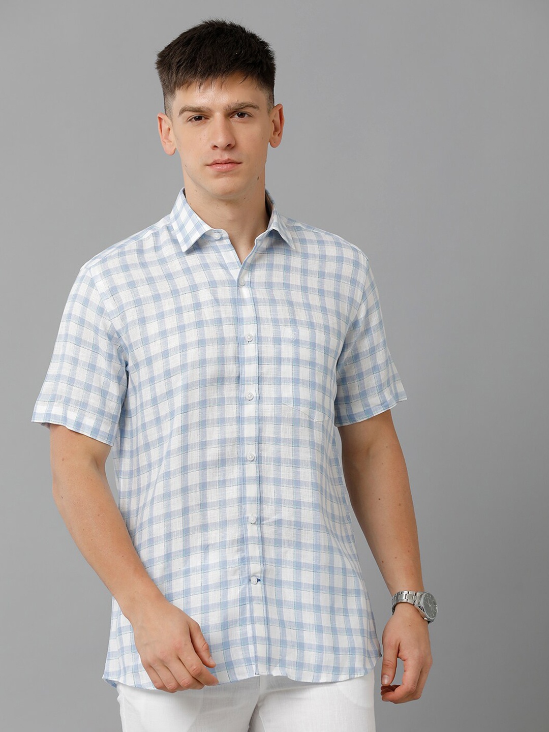 

Linen Club Gingham Checked Spread Collar Pure Linen Casual Shirt, Blue
