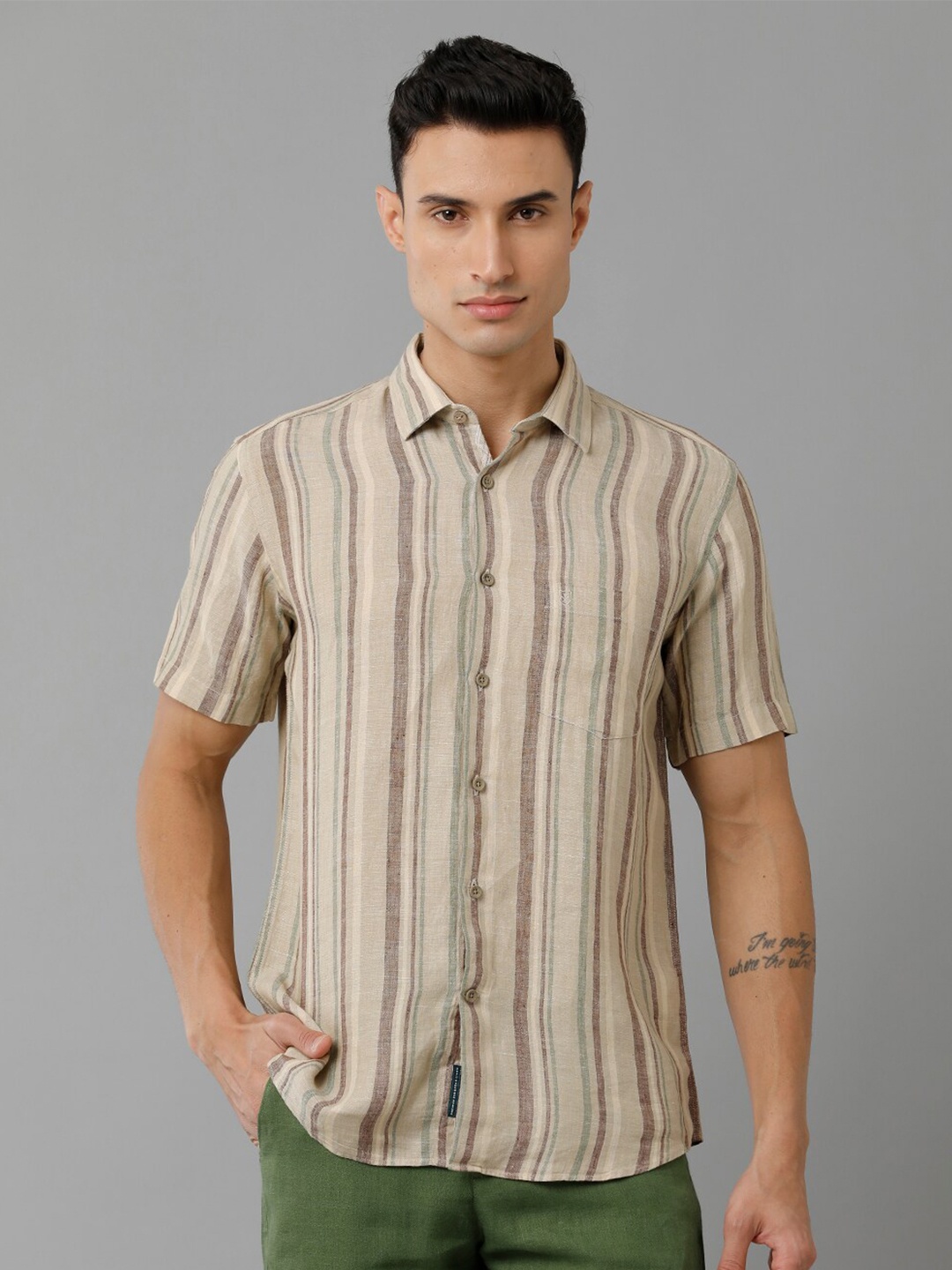 

Linen Club Striped Printed Pure Linen Casual Shirt, Beige