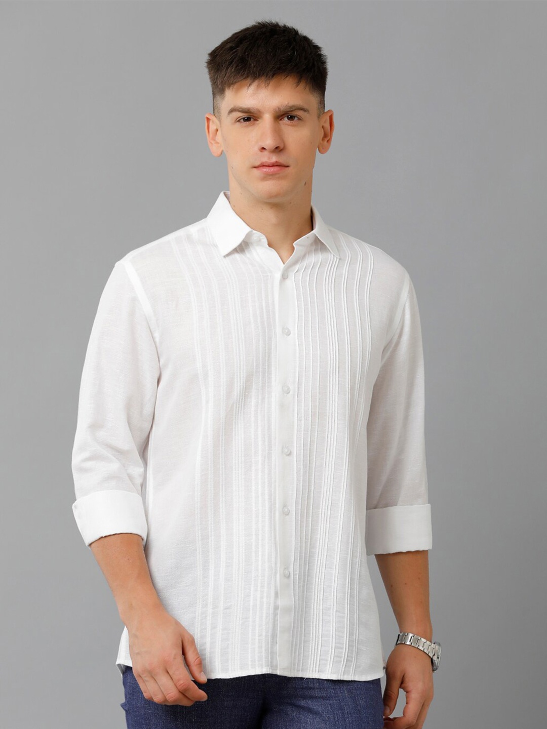 

Linen Club Striped Spread Collar Pure Linen Casual Shirt, White