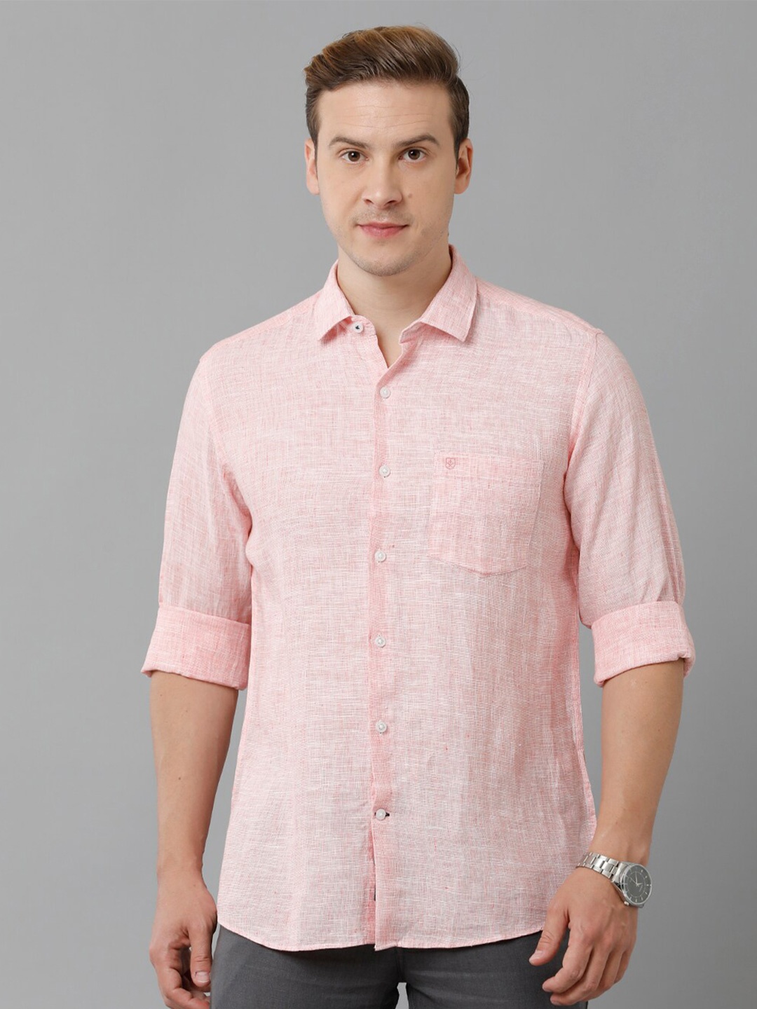 

Linen Club Spread Collar Long Sleeves Linen Casual Shirt, Pink